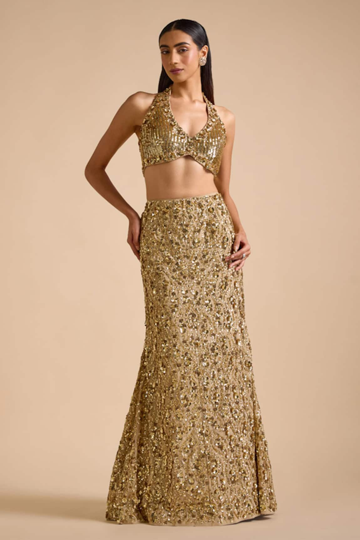 Prevasu Gold Sequin Embellished Mermaid Lehenga With Blouse