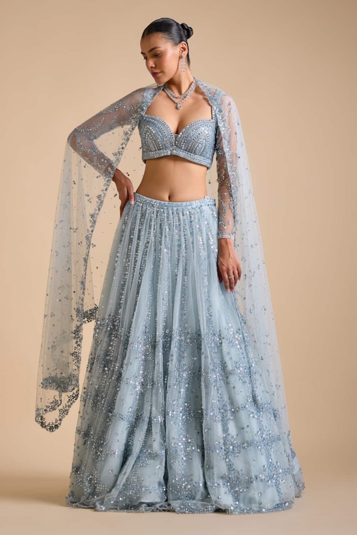 Prevasu Cut-Out Sequin Embellished Checkered Lehenga Set