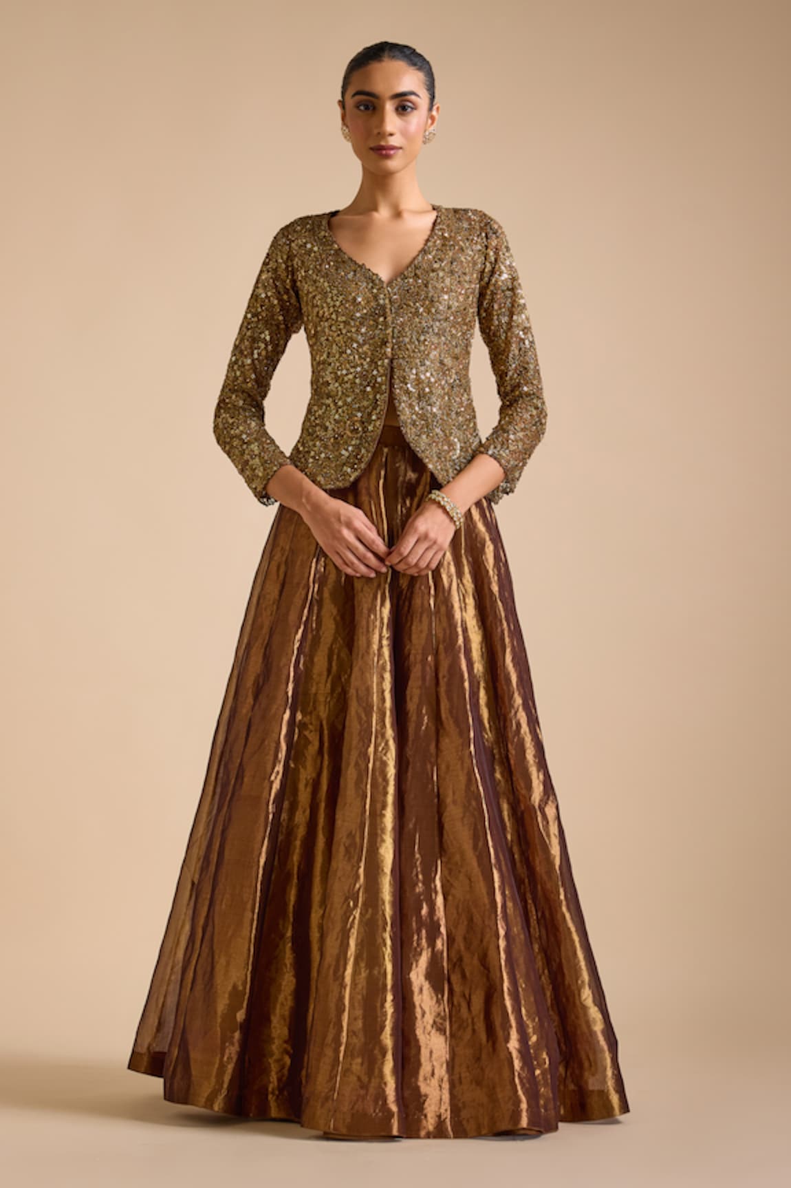 Prevasu Metallic Lehenga With Zardozi Embroidered Jacket