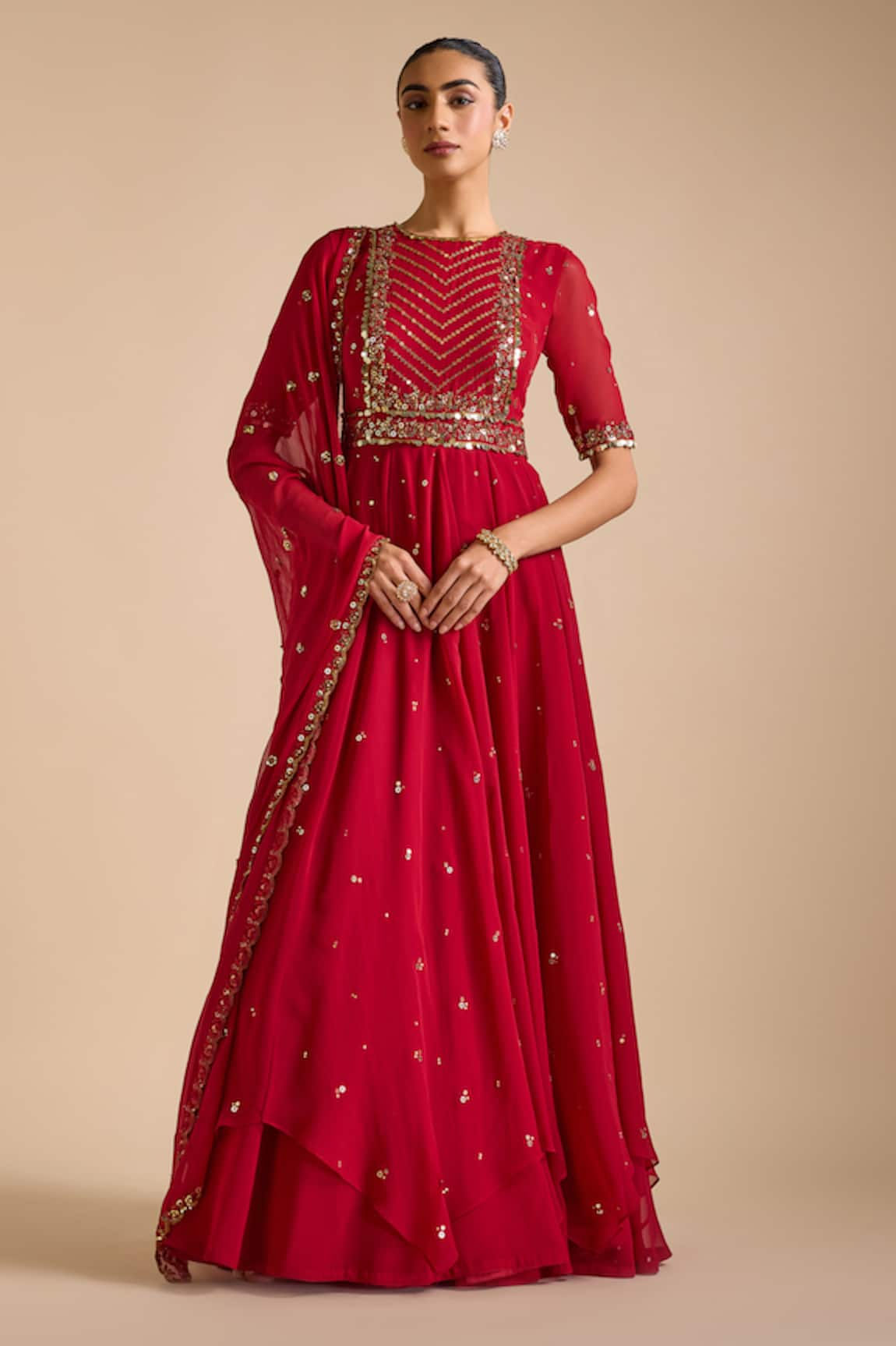 Prevasu Floral Sequin Embellished Layered Anarkali With Dupatta