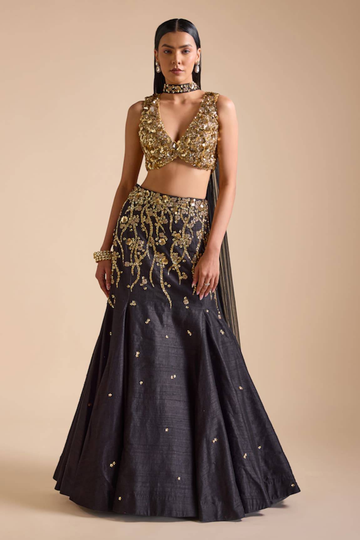 Prevasu Floral Vine Embroidered Mermaid Lehenga Set