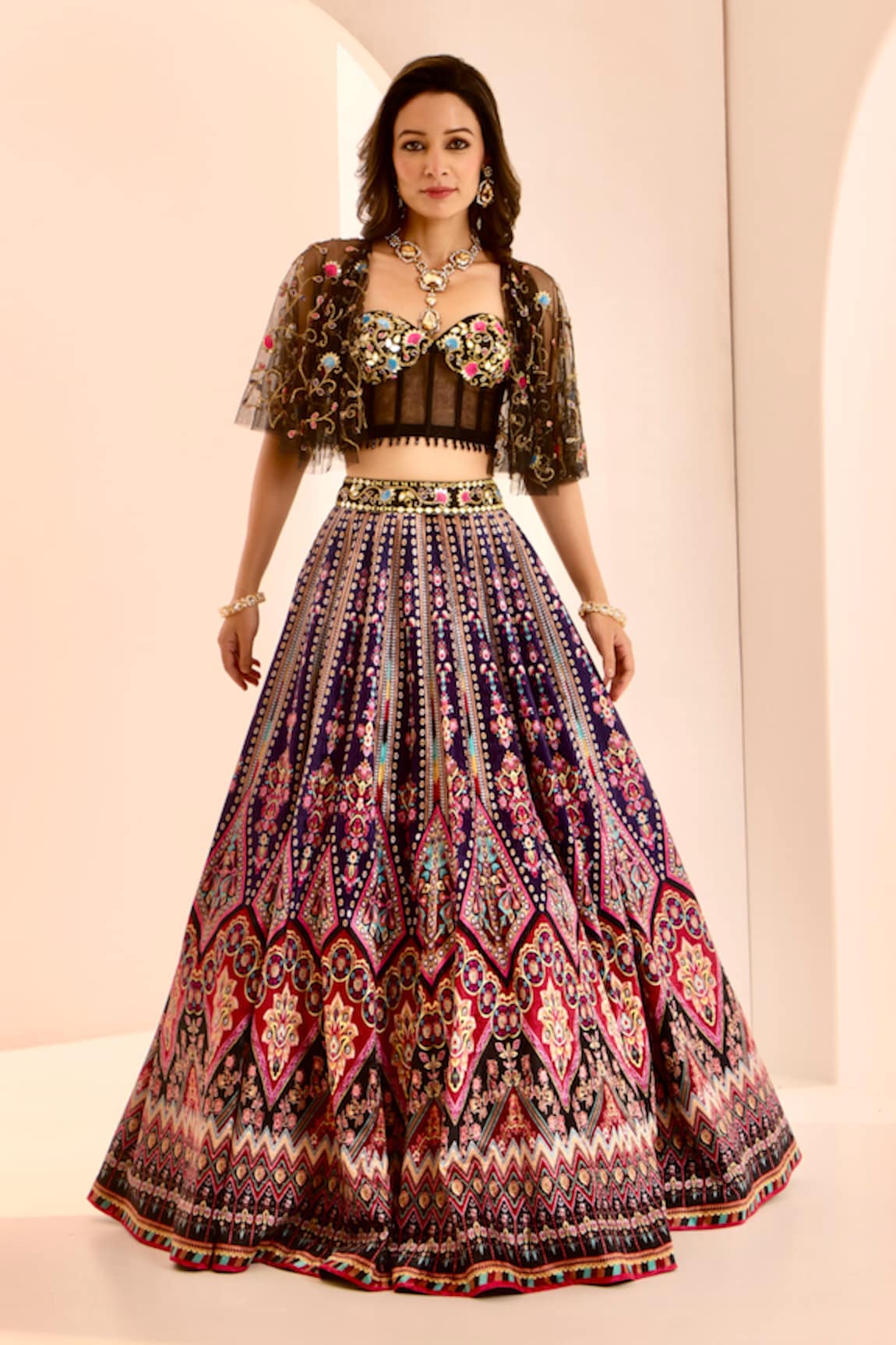 Rashika Sharma Sanjh Floral Embroidered Cape Lehenga Set