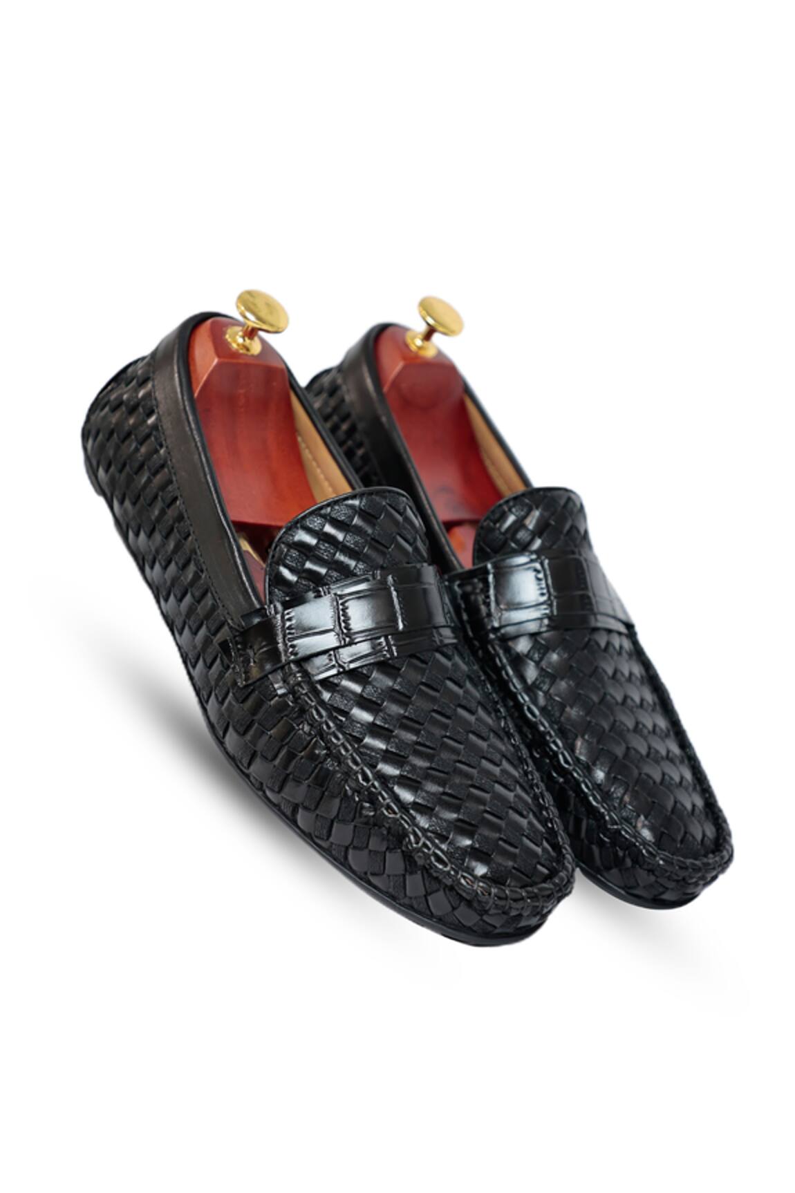 Vantier Weave Textured Black Leather Loafers