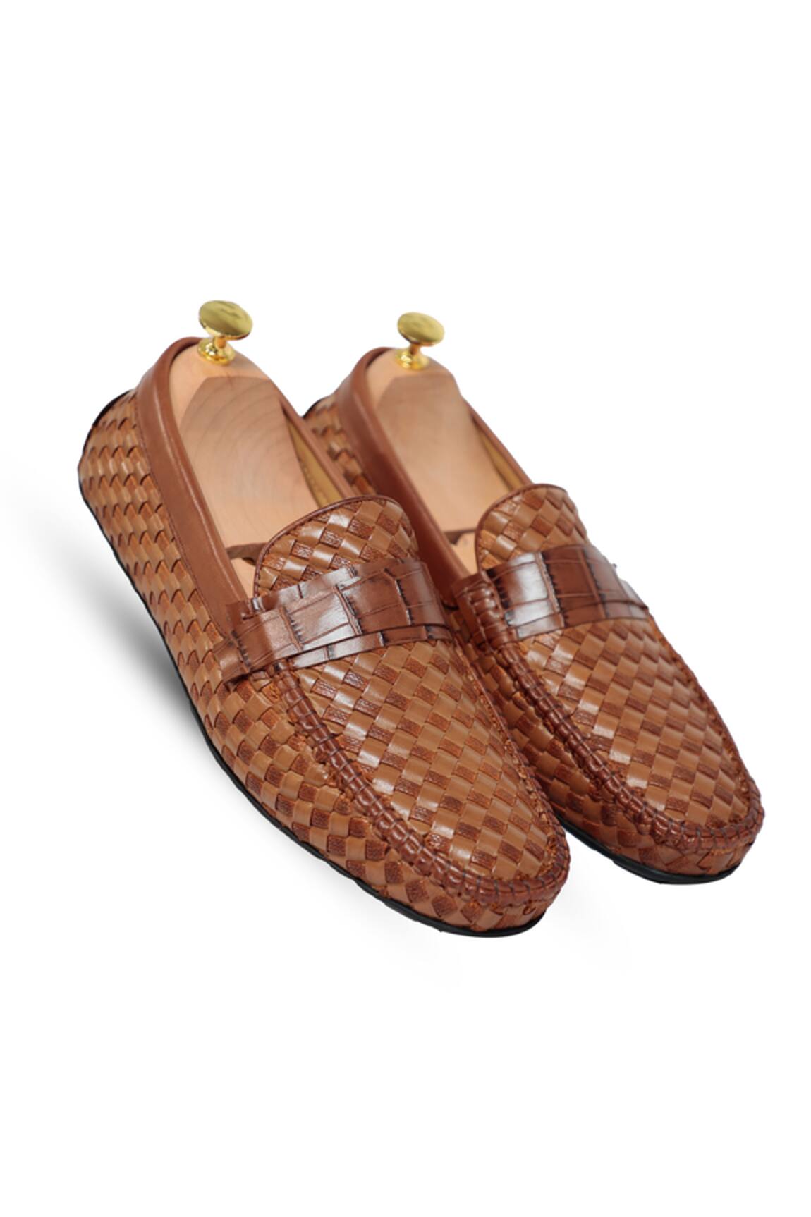 Vantier Brown Weave Textured Leather Loafers