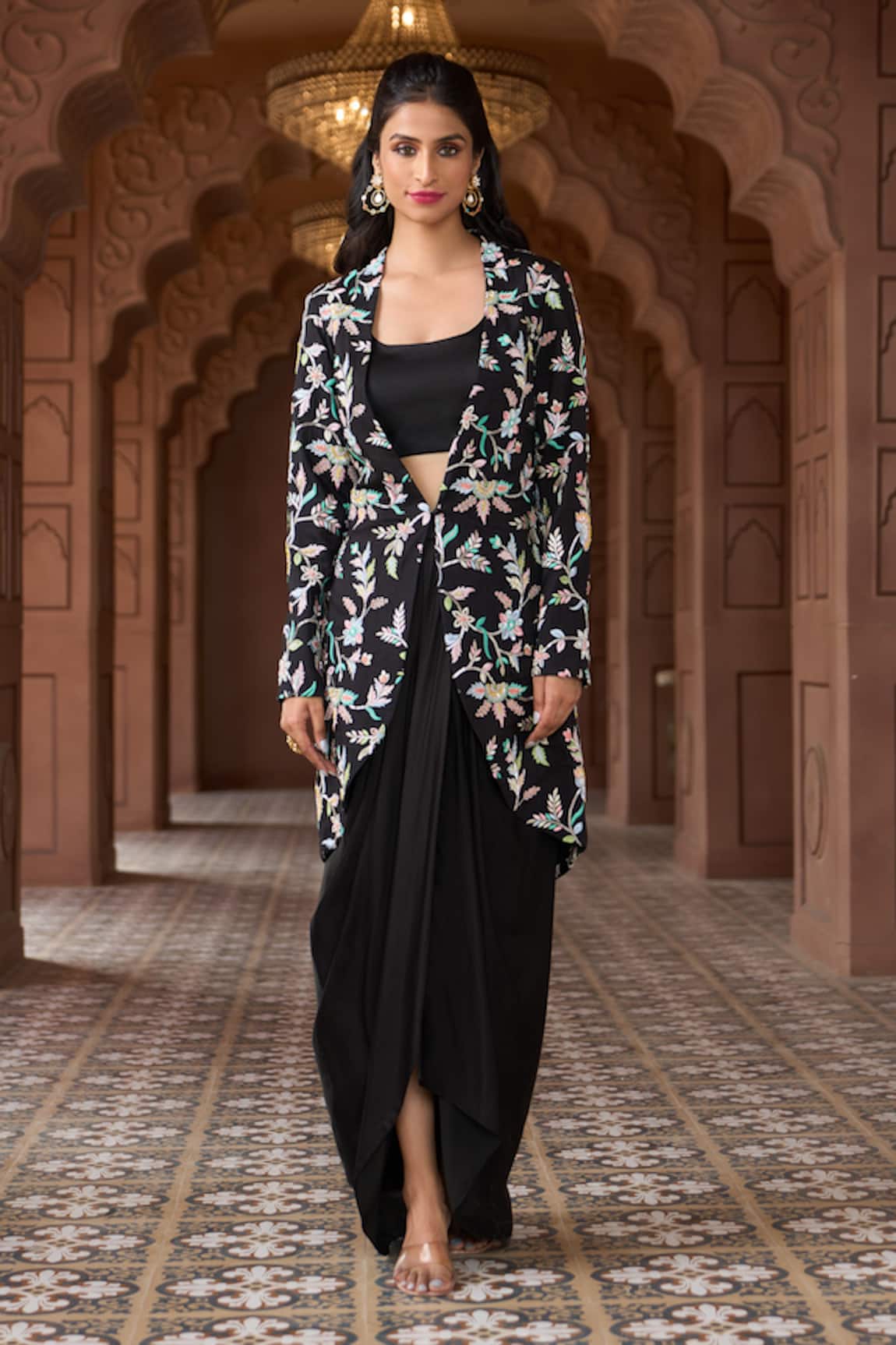 Aariyana Couture Floral Embroidered Jacket & Draped Skirt Set