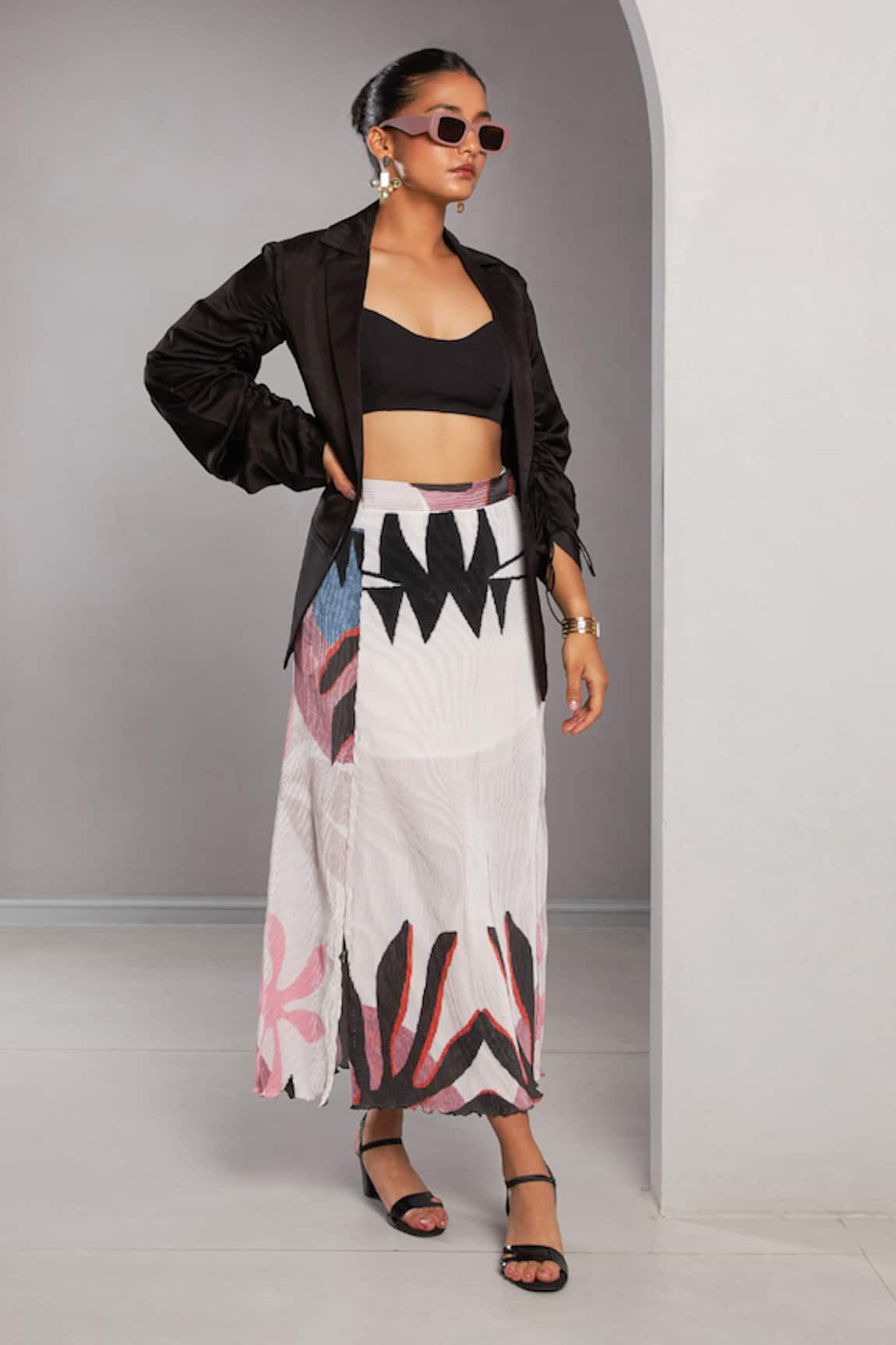 Vedika M Abstract Print Skirt Set With Jacket