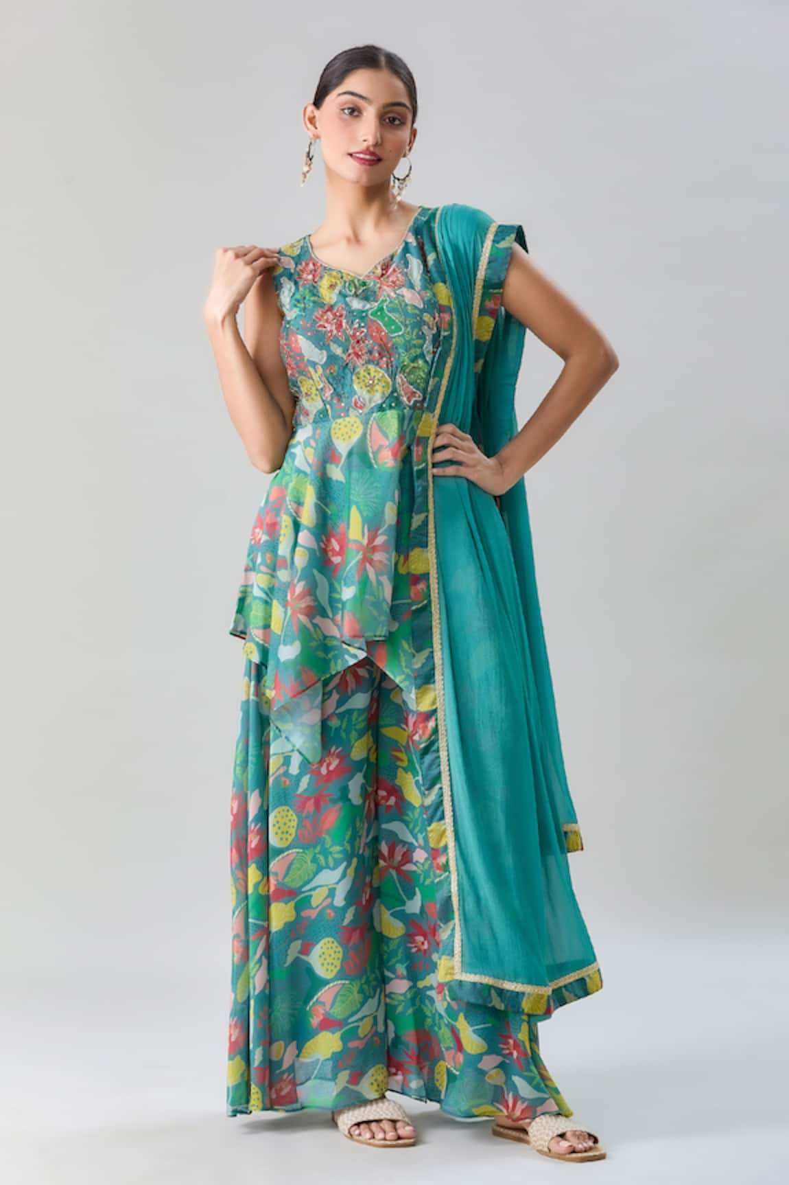 Adara Khan Floral Abstract Print Peplum Kurta Flared Pant Set