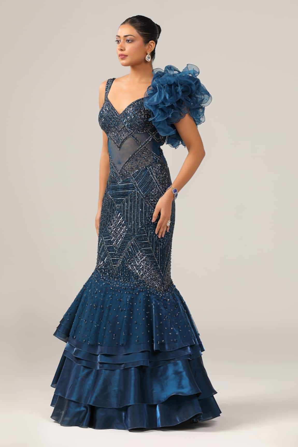 Sidhaarth & Disha Bead Embroidered Ruffle Fishcut Gown