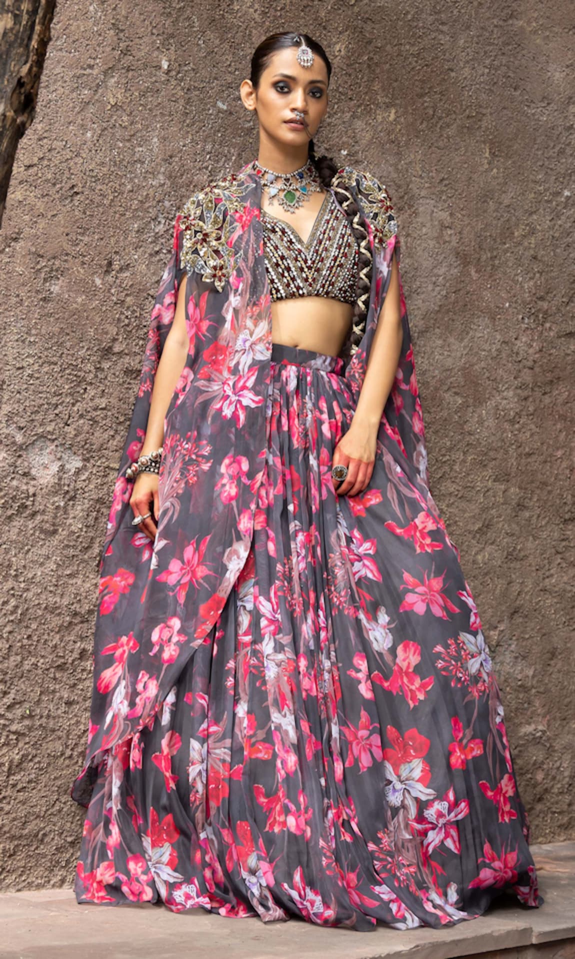 Seeaash Nur Iris Floral Print Embellished Cape Lehenga Set