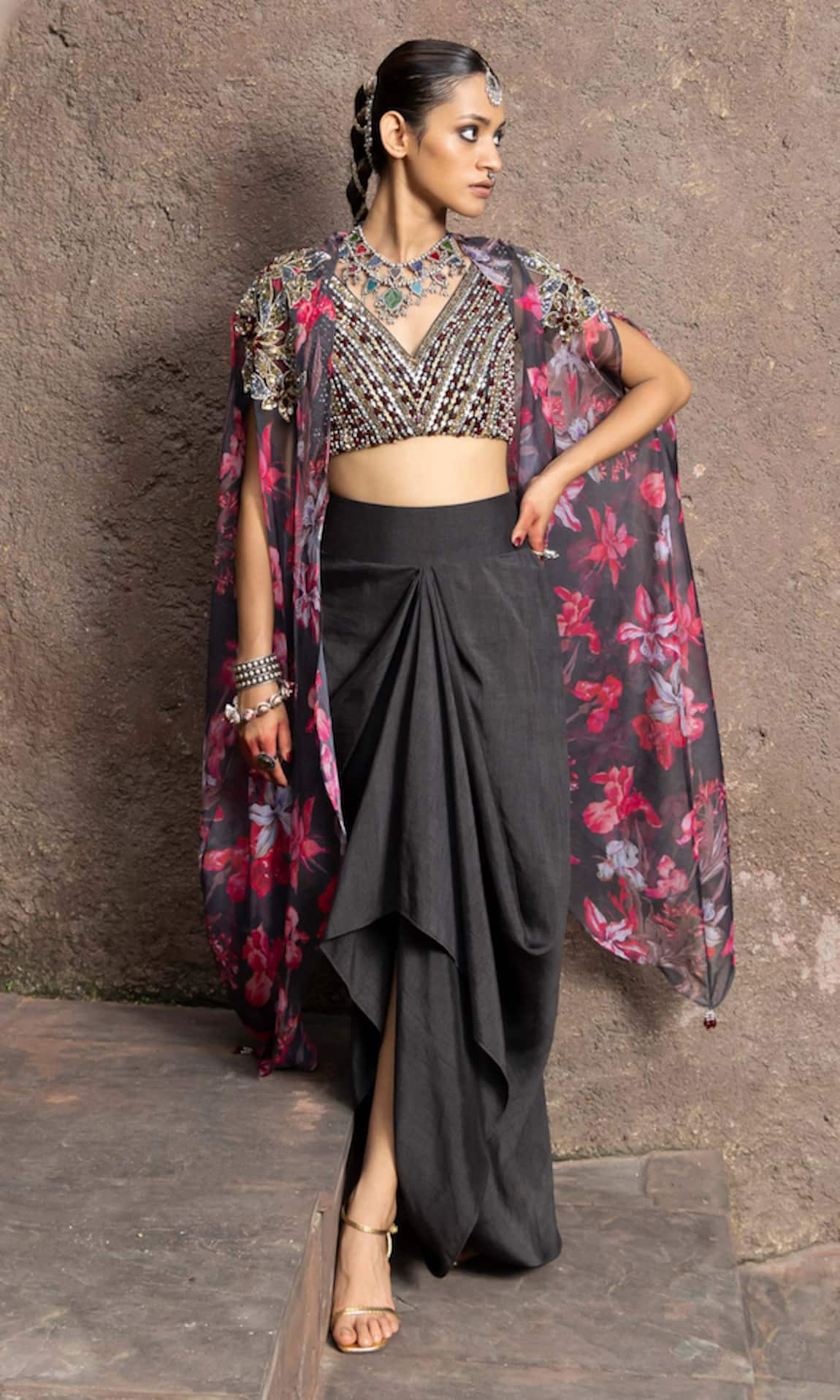 Seeaash Nur Iris Floral Print Embellished Cape Dhoti Skirt Set