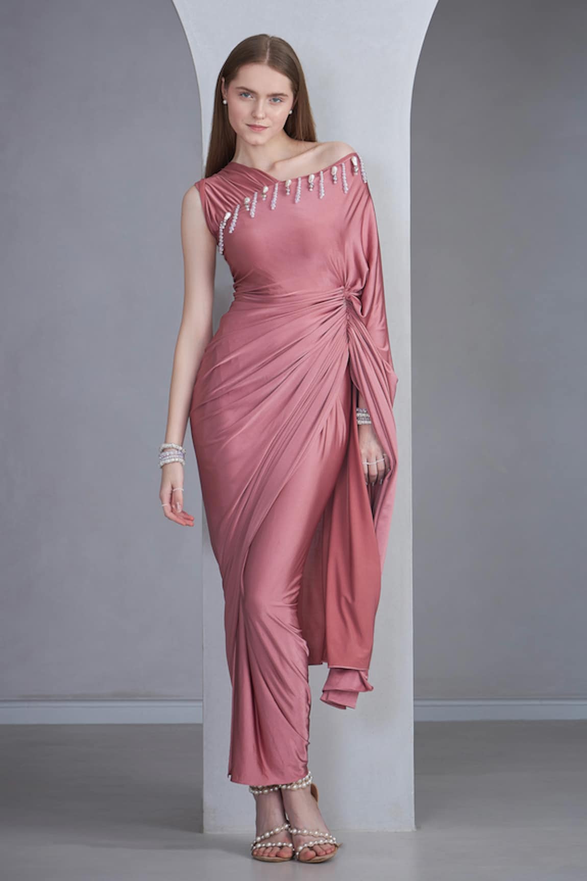 NAINA SETH Pearl Tassel Embellished Draped Gown