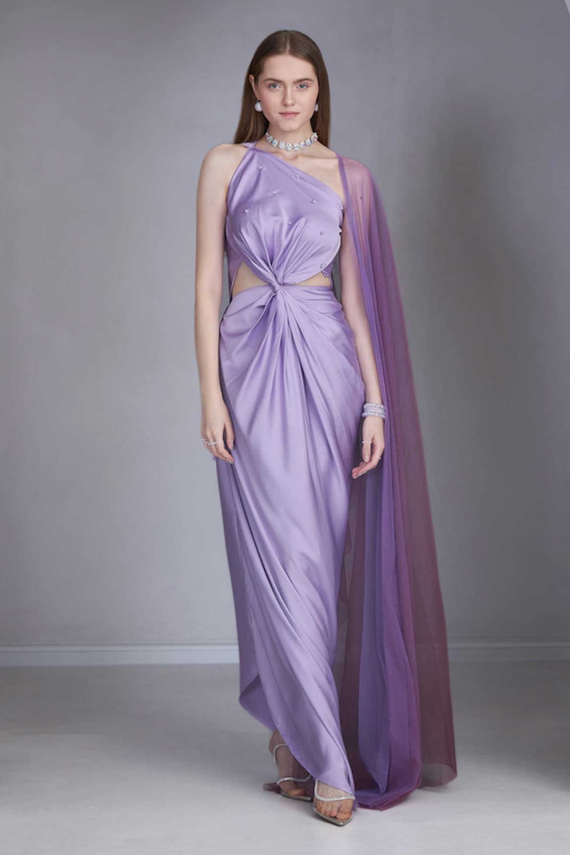 NAINA SETH Pearl Embellished Cut-Out Draped Gown