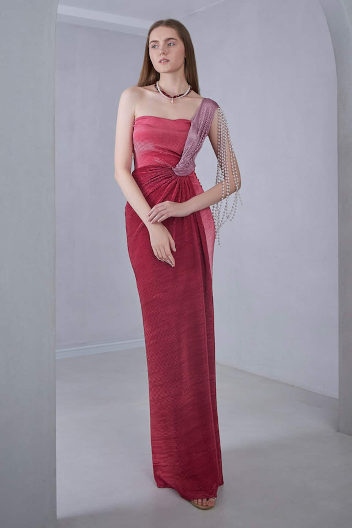 NAINA SETH Textured Draped One Shoulder Gown