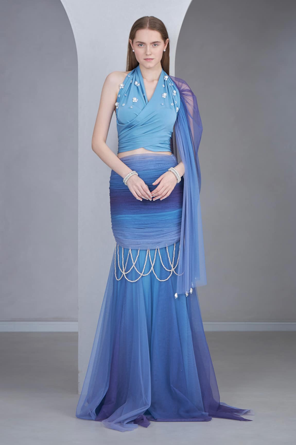 NAINA SETH Embellished Halter Neck Top With Ombre Mermaid Skirt