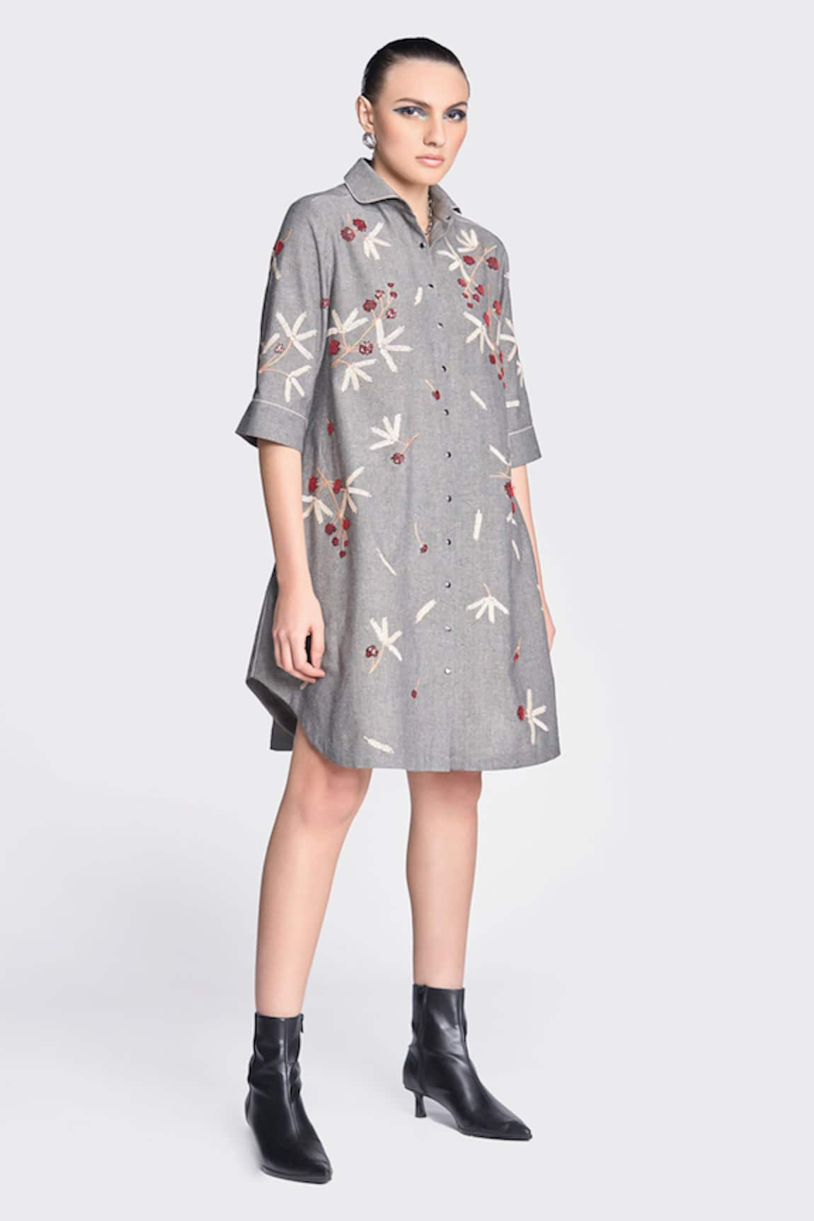 Shahin Mannan Broken Branches Embroidered A-Line Shirt Dress