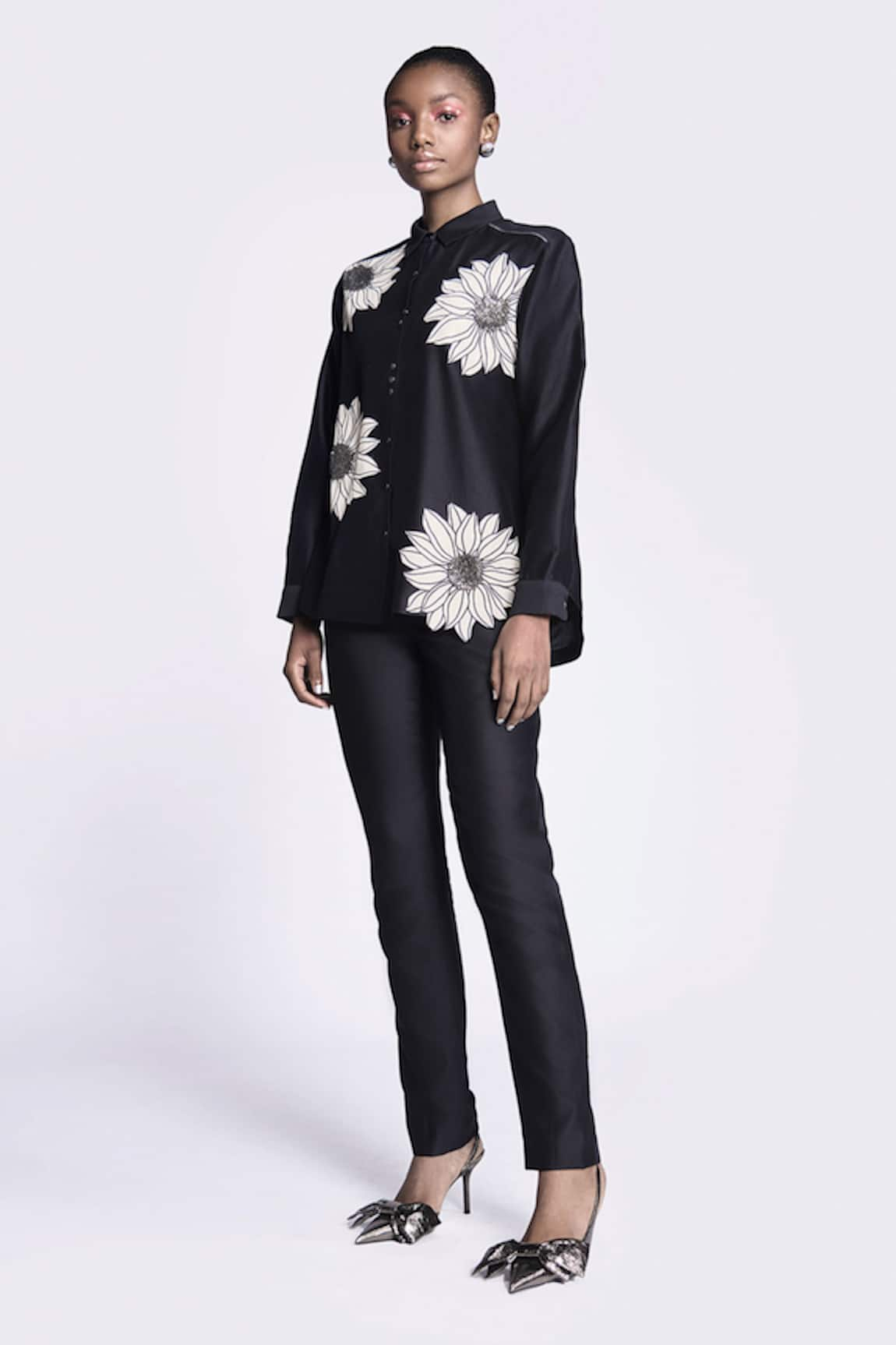 Shahin Mannan Sunflower Applique Detailed Asymmetric Shirt