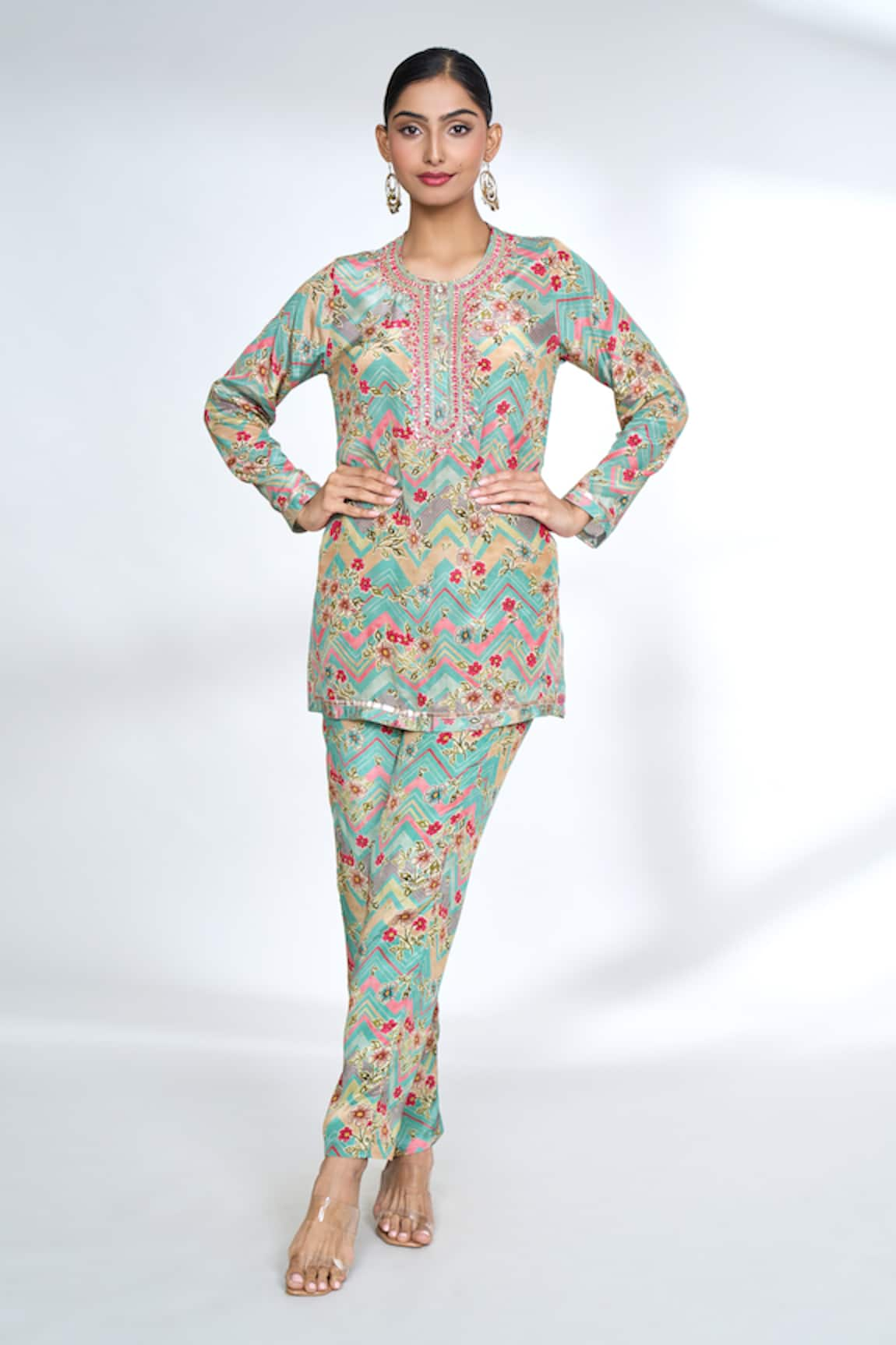 Gopi Vaid Chevron Floral Print Top & Pant Co-ord Set