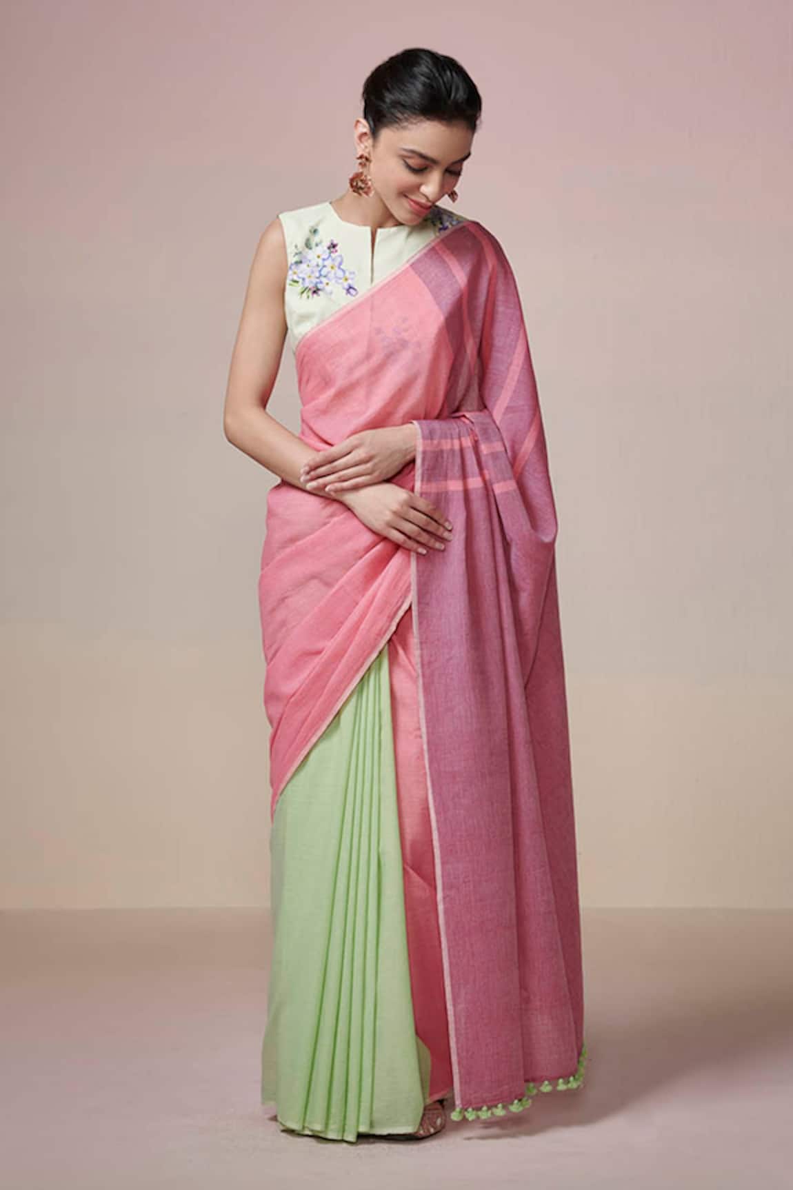 Dressfolk Tulip Terrace Color Block Handloom Saree