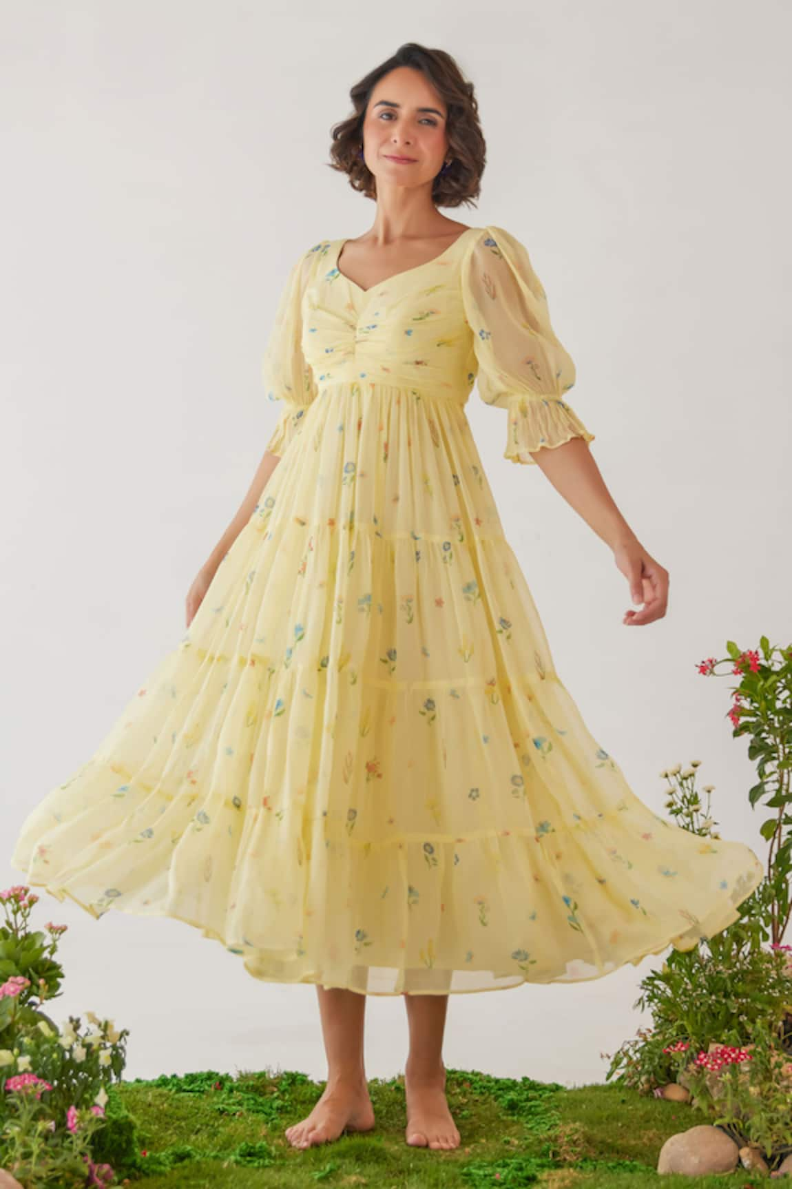 Baise Gaba Moonkissed Floral Print Chiffon Tiered Dress