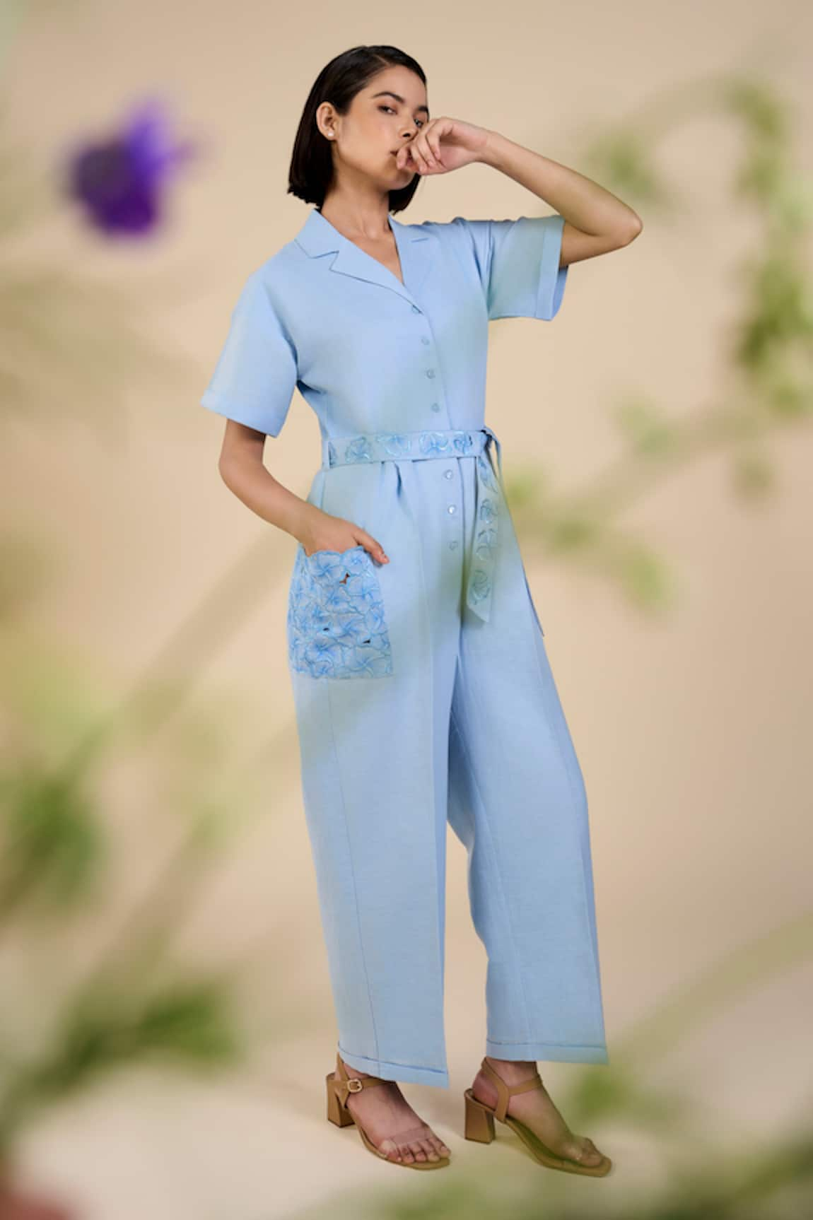 ORIGANI Floral Cutwork Patch Pocket Jumpsuit With Belt