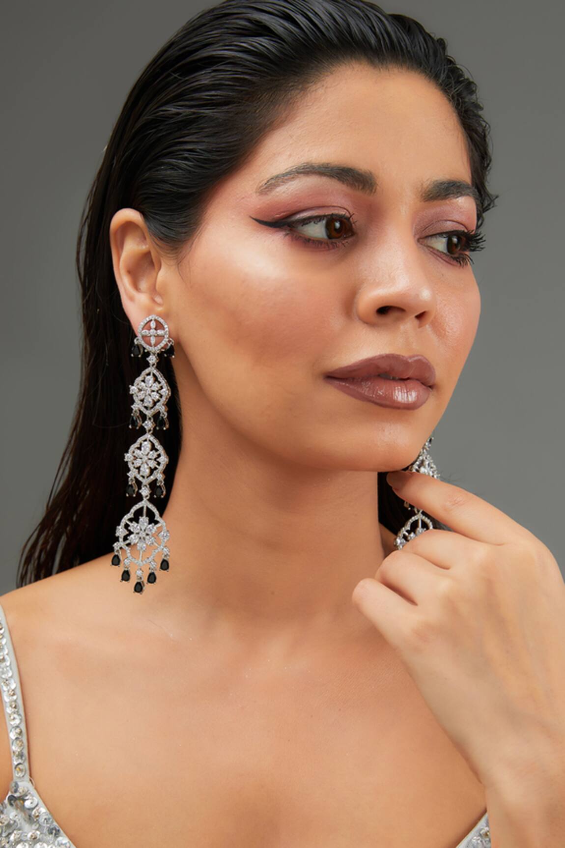 Zevar By Geeta Faux Diamond Studded Long Dangler Earrings 