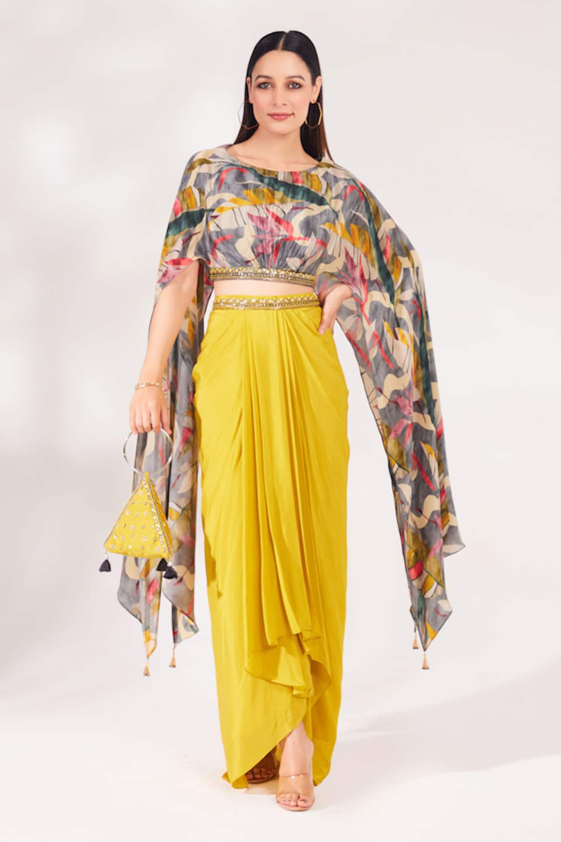 Chaashni by Maansi and Ketan Leaf Print Top & Draped Skirt Set