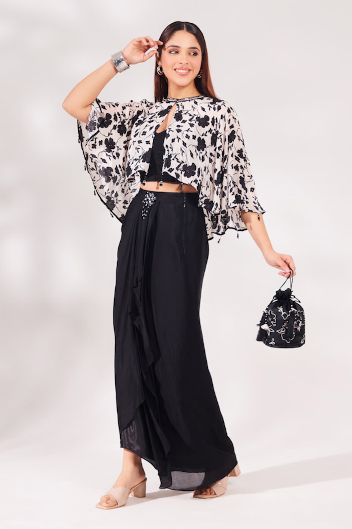 Chaashni by Maansi and Ketan Floral Vine Print Cape Draped Skirt Set