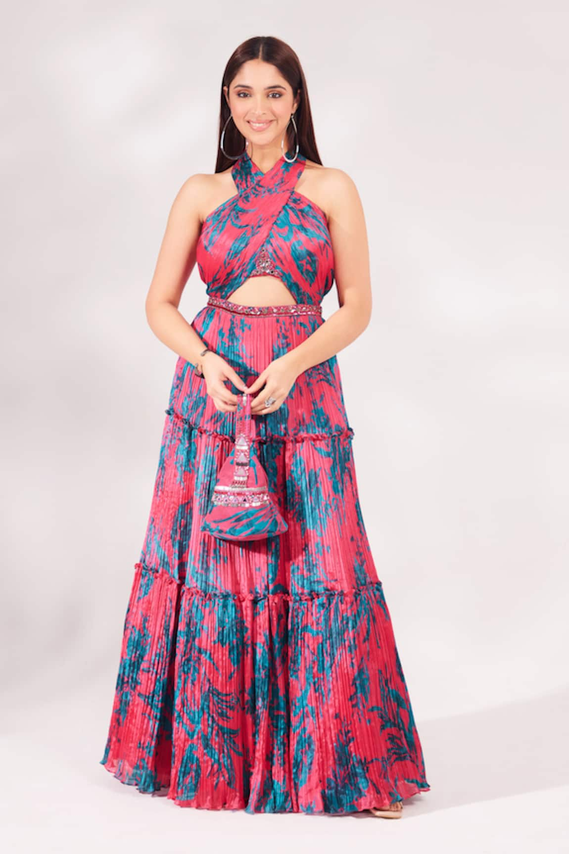 Chaashni by Maansi and Ketan Pleated Printed Dress With Bag