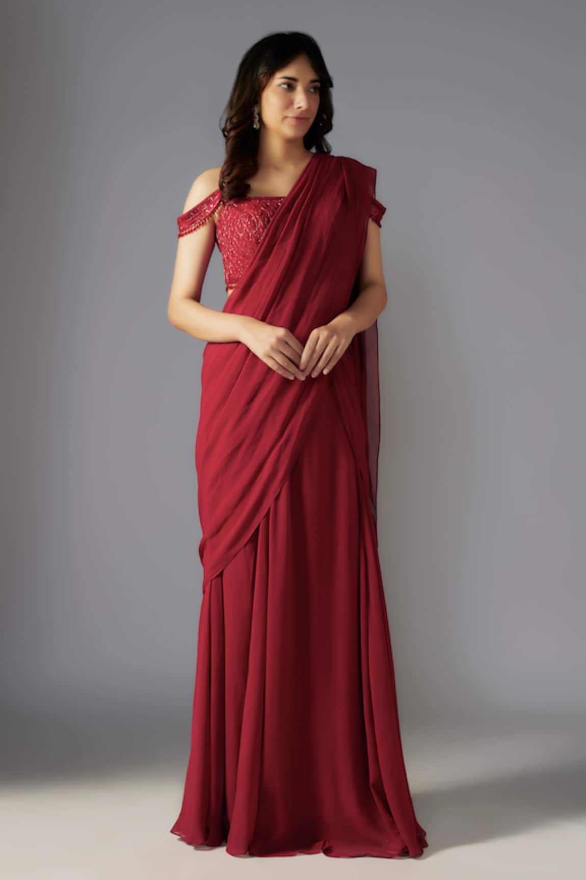MAISOLOS Pre-Draped Saree With Sequin Embellished Off Shoulder Blouse