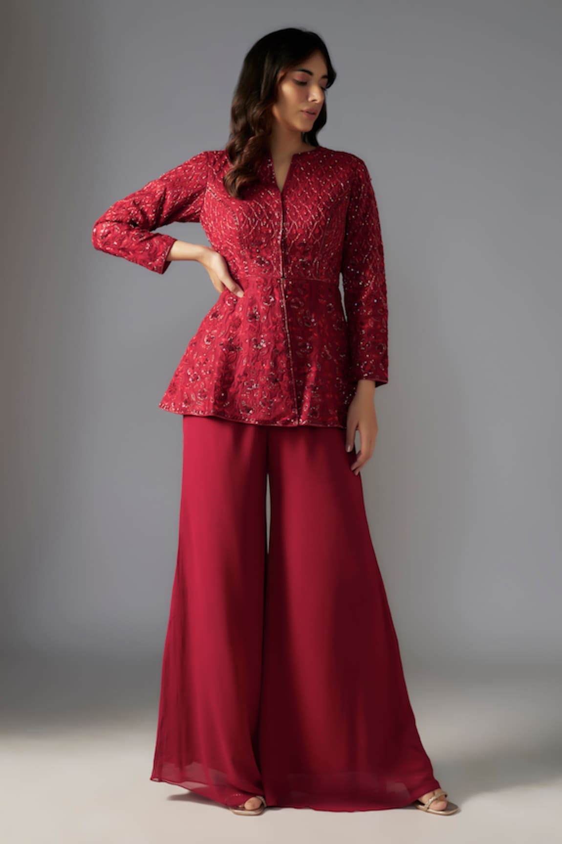 MAISOLOS Floral Jaal Embellished Peplum Jacket With Sharara