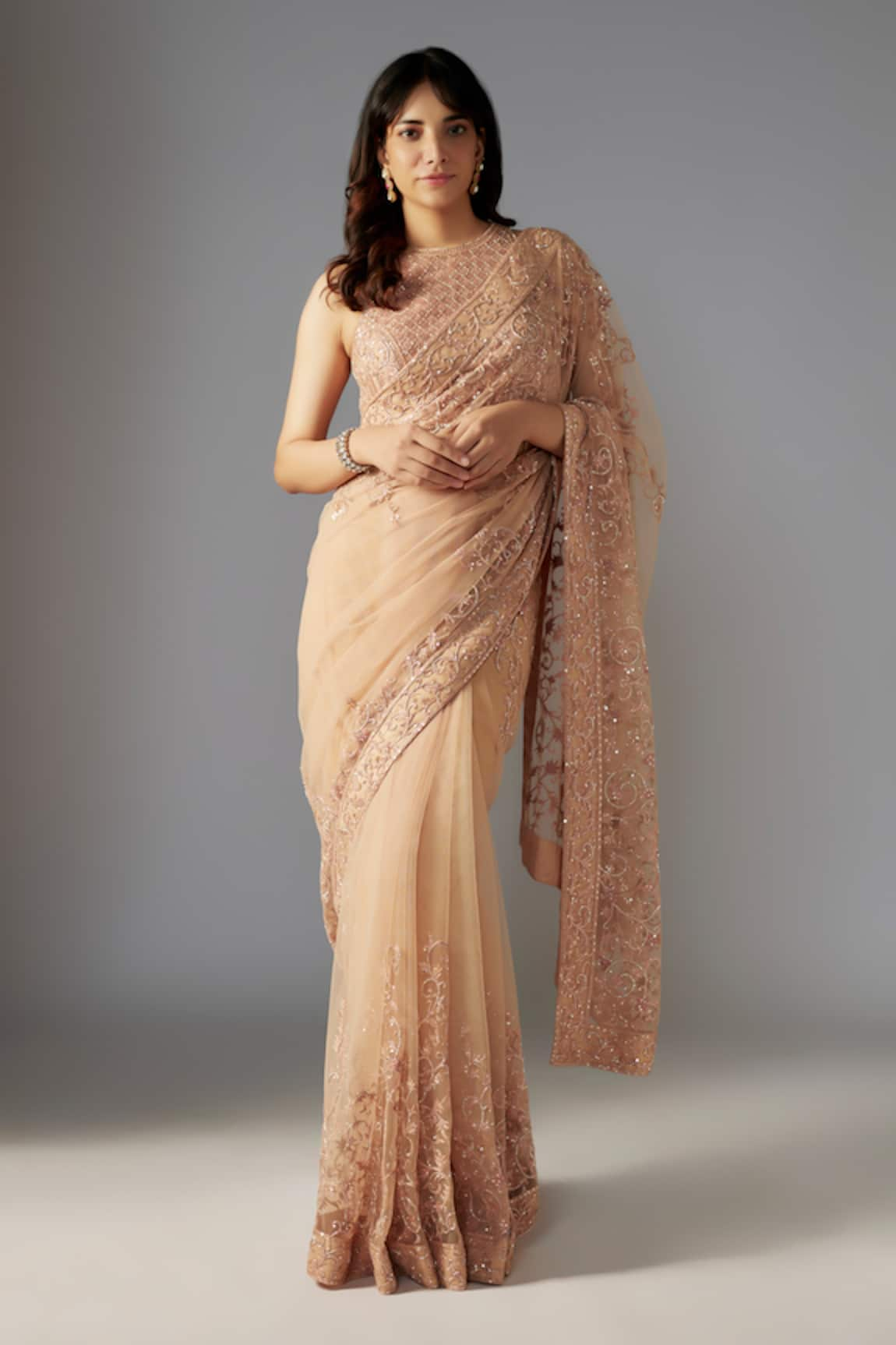 MAISOLOS Floral Swirl Bead Embellished Saree Set