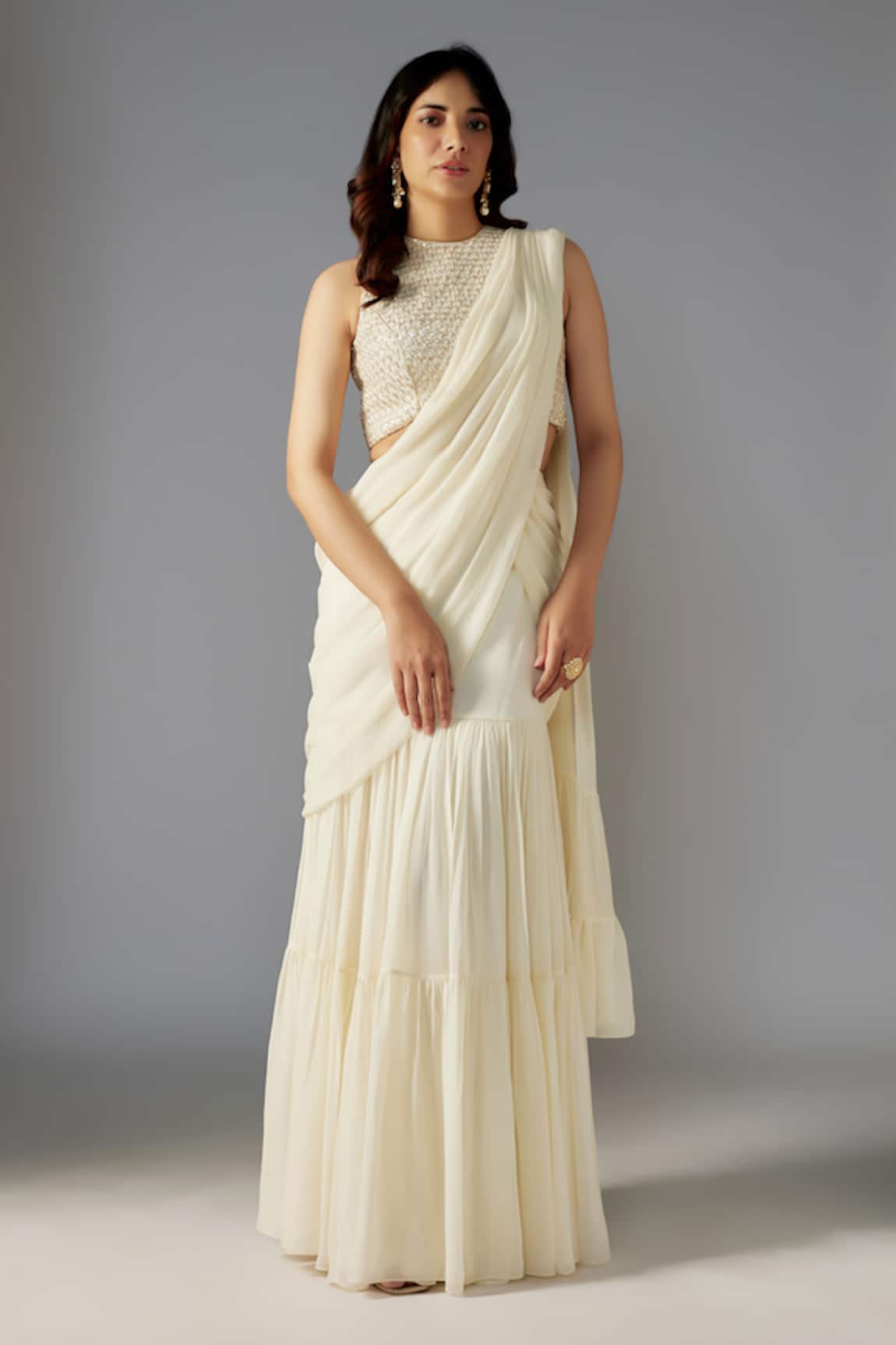 MAISOLOS Solid Pre-Draped Tiered Saree With Embellished Blouse