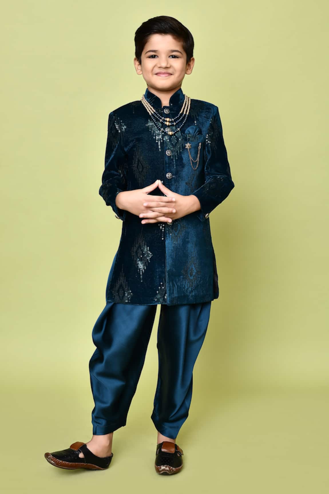Petite Pomme Sequins Embroidered Velvet Sherwani & Dhoti Pant Set 