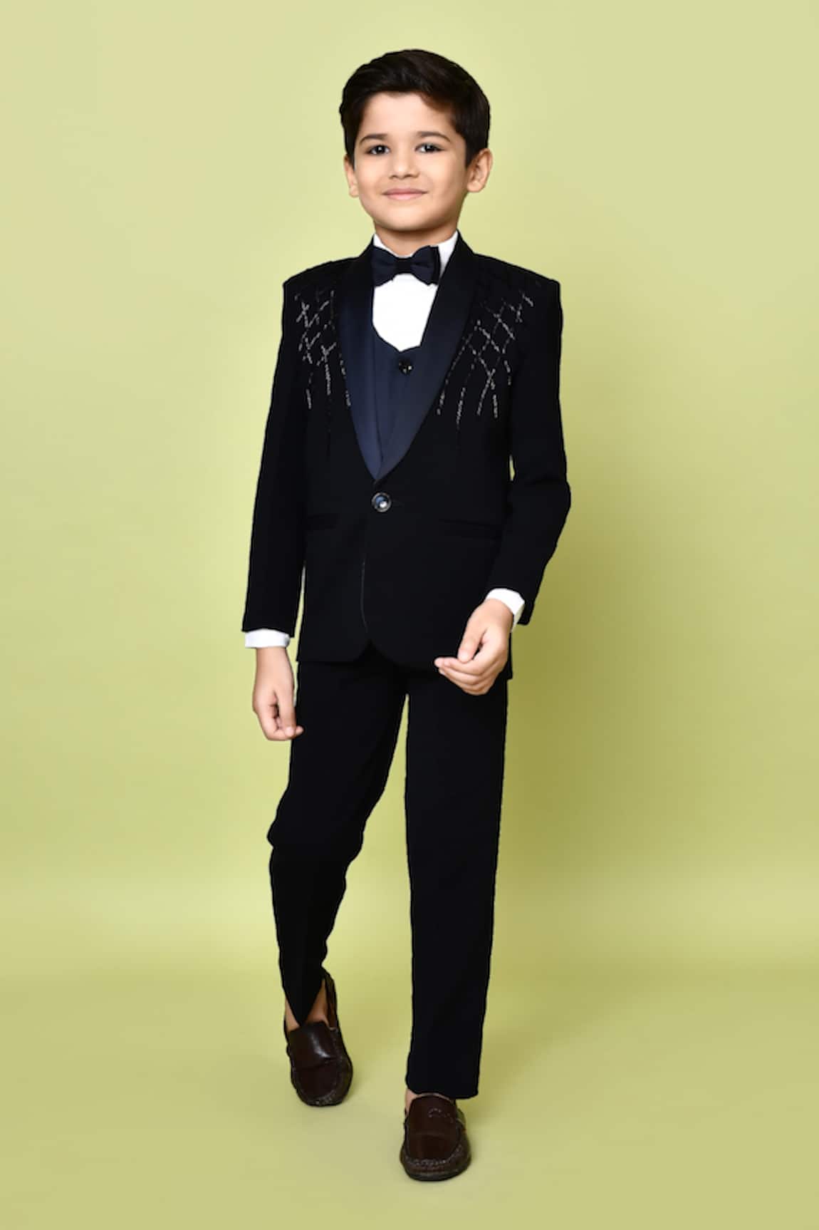 Petite Pomme Navy Blue Embellished Coat Pant Set 