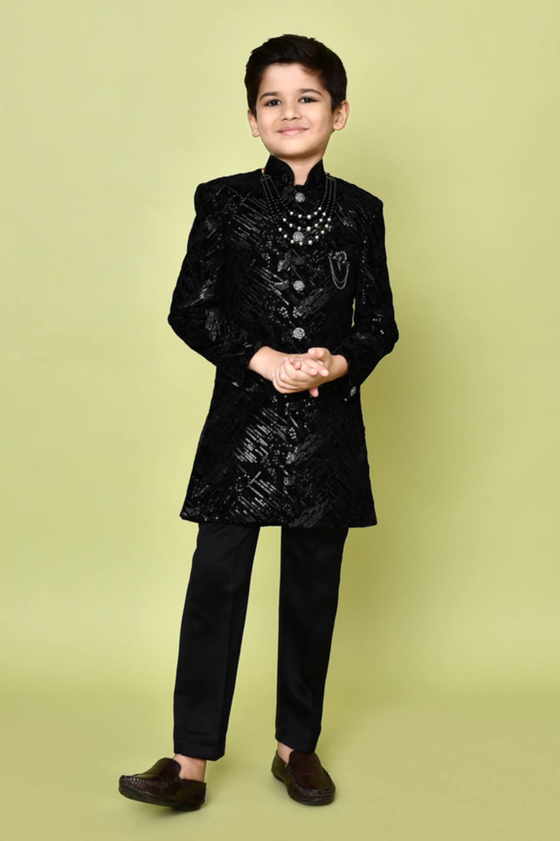 Petite Pomme Velvet Sequin Embroidered Sherwani Set 