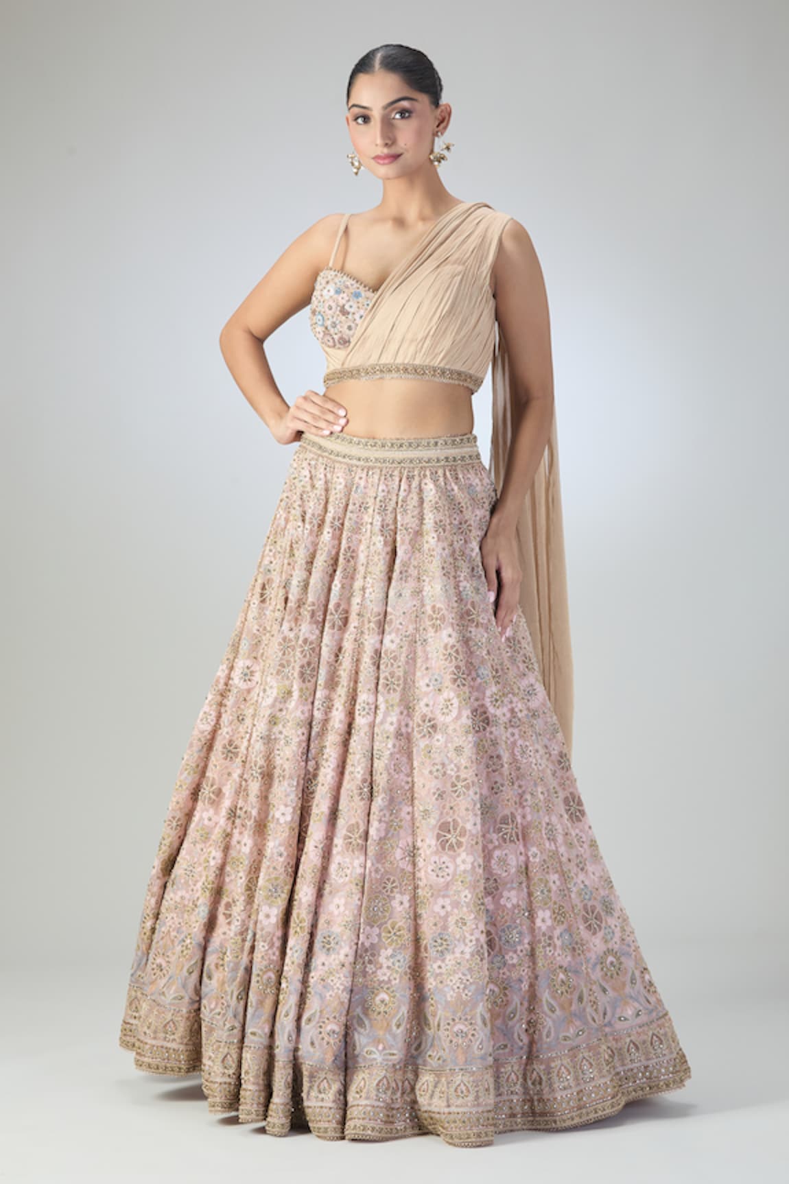 Tarun Tahiliani Floral Embroidered Lehenga & Draped Blouse Set