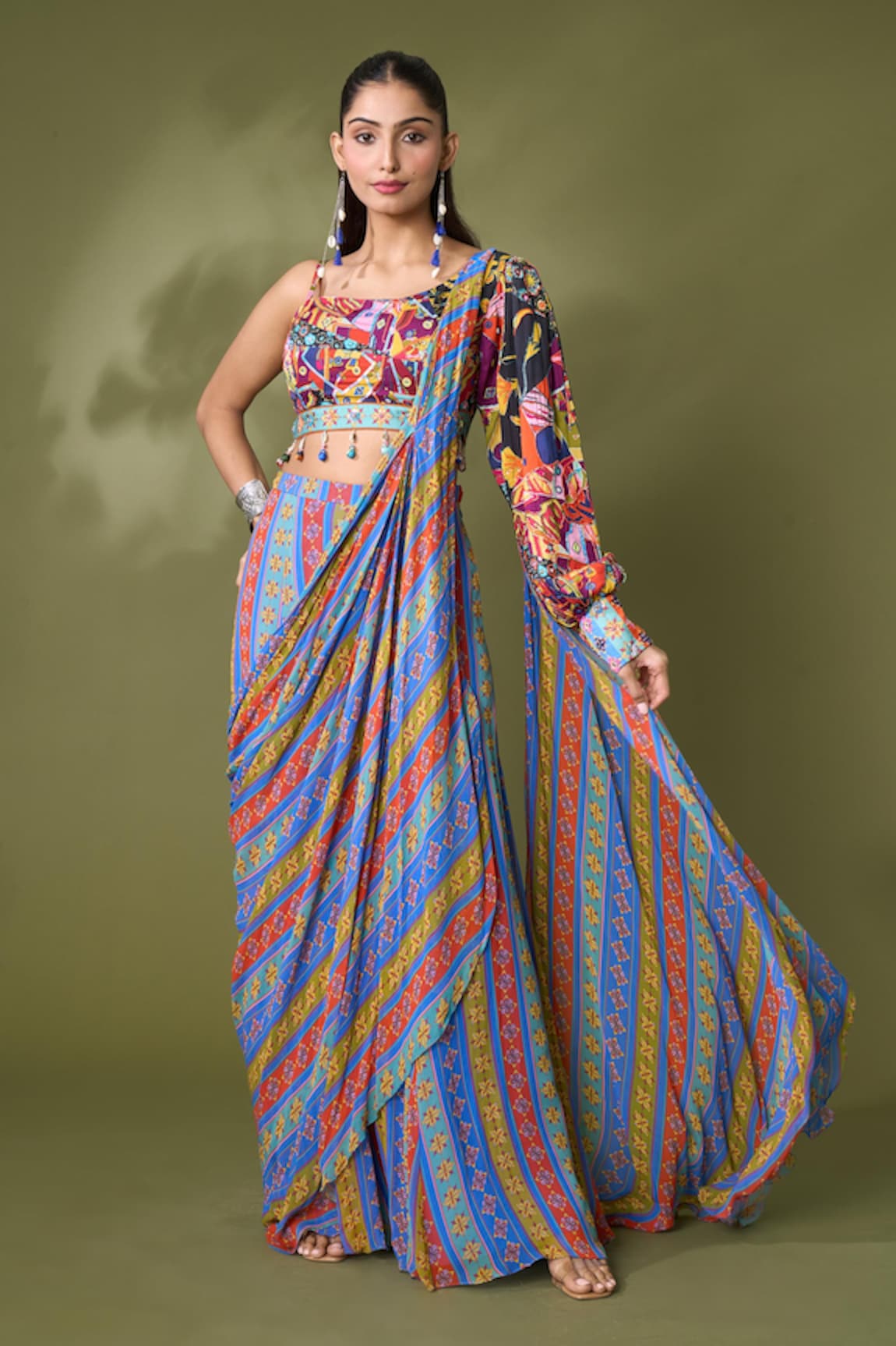 DiyaRajvvir Aztec Print Pre-Draped Pant Saree With Blouse