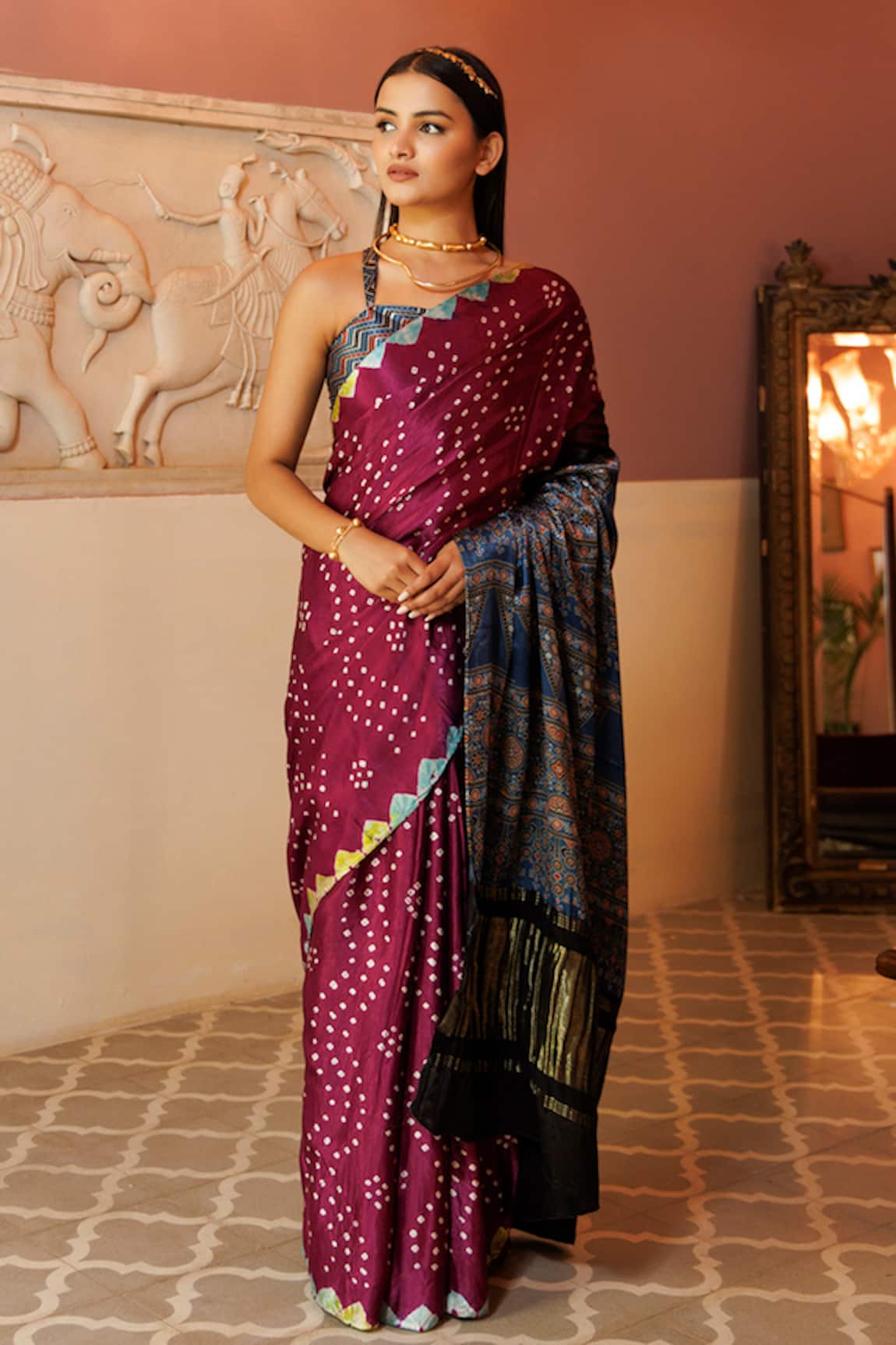 Geroo Jaipur Wave Bandhani Pattern Saree With Unstitched Blouse Piece