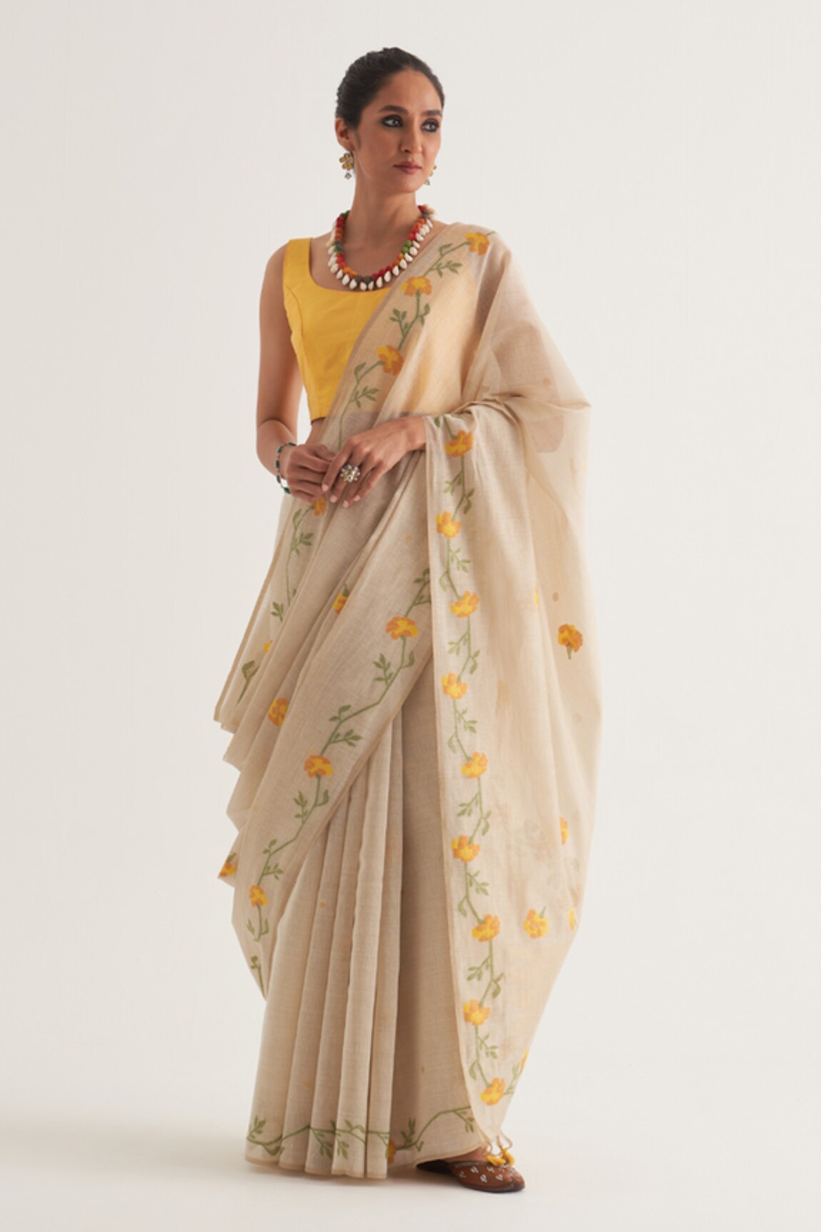 FIVE POINT FIVE Bela Marigold Pattern Hem Saree With Unstitched Blouse Piece