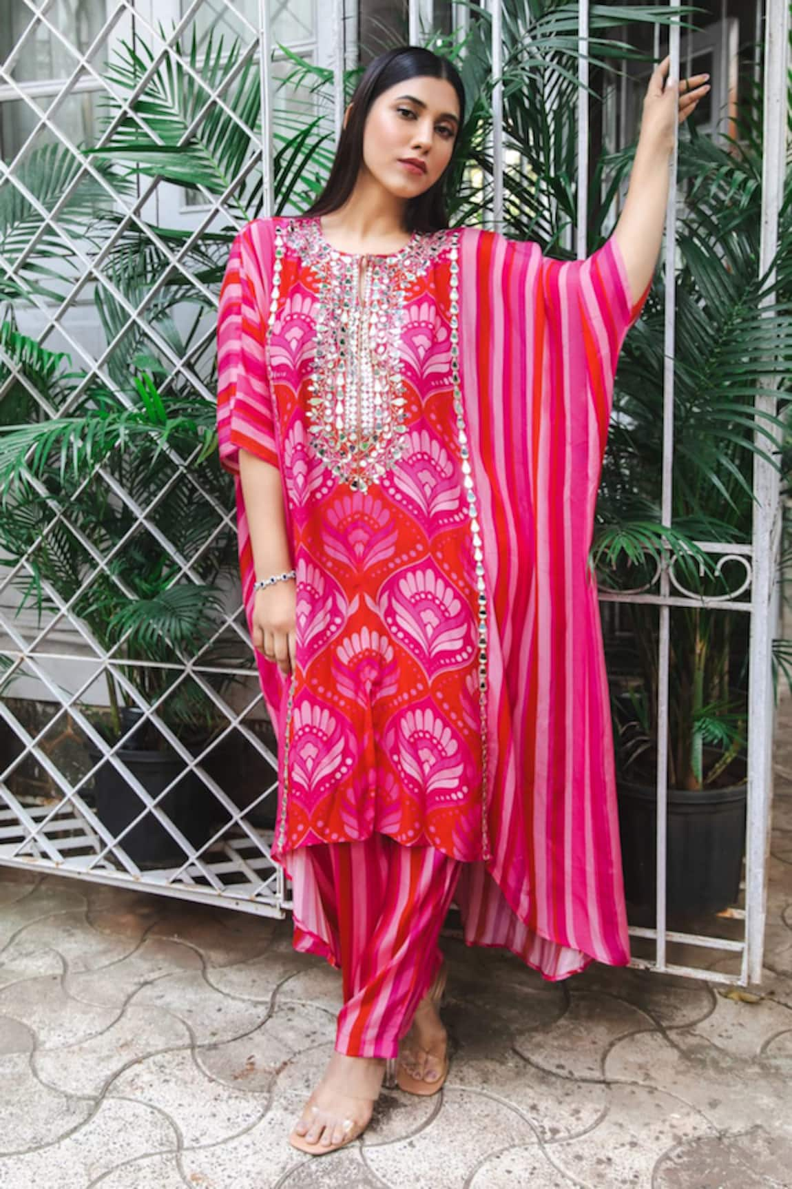 Sajeda A Lehry Tarana Floral Geometric Print Kaftan & Pant Set