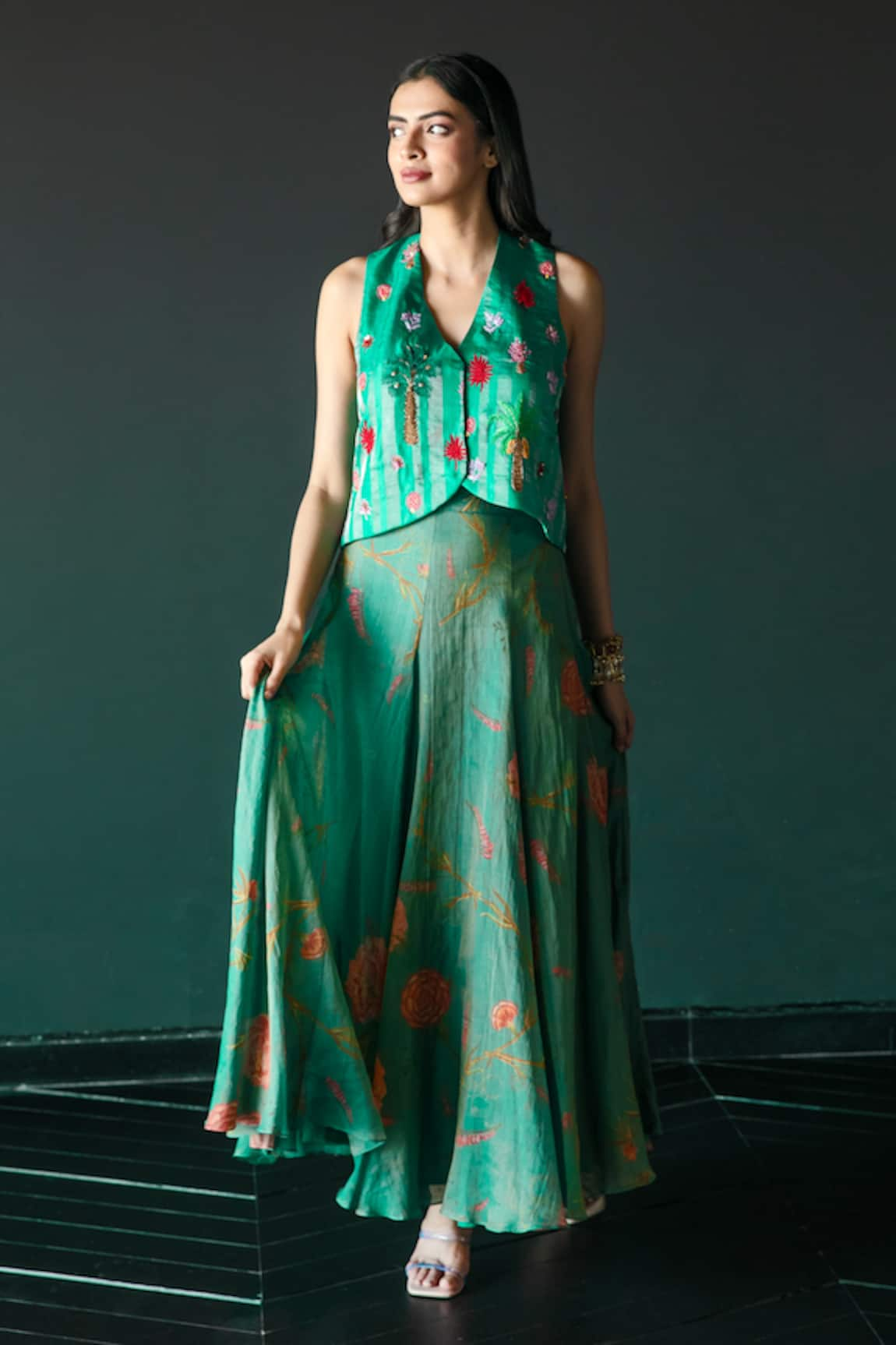 Shachi Sood Floral Embroidered Waist Coat With Skirt