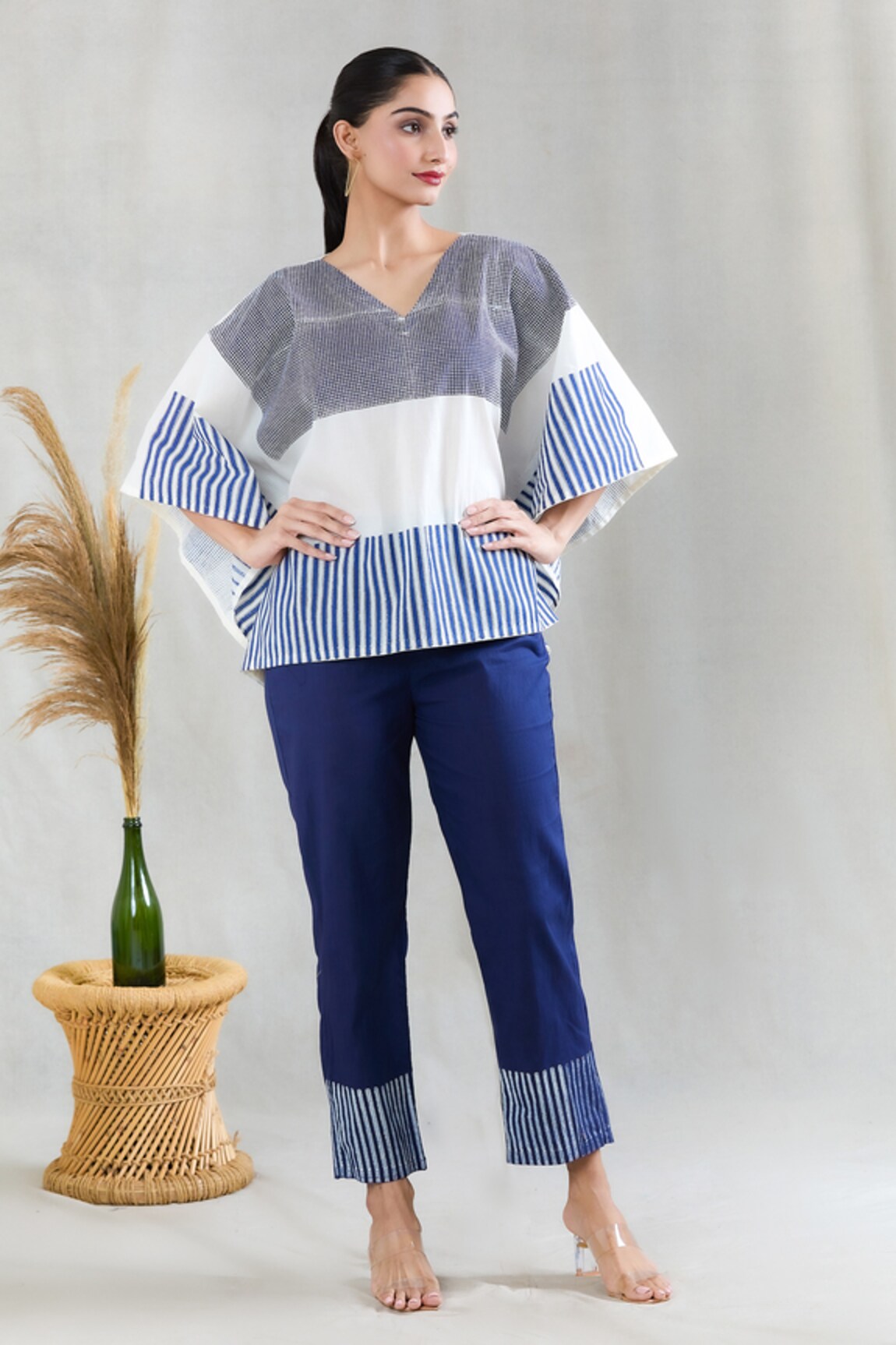 BANANA labs Striped Pattern Cotton Kaftan Top & Pant Set