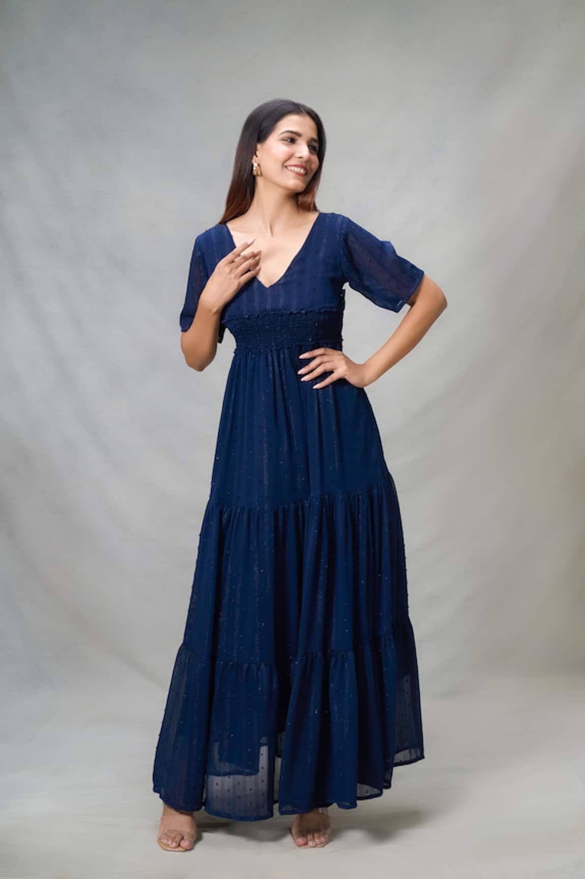 Khwaab by Sanjana Lakhani Smocked Waist Tiered Lurex Maxi Dress