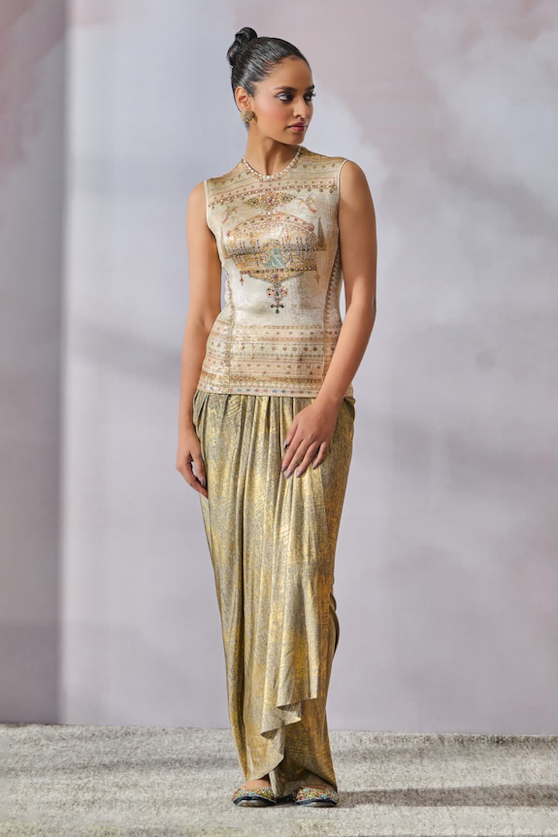 Tarun Tahiliani Painting Inspired Print Metallic Top