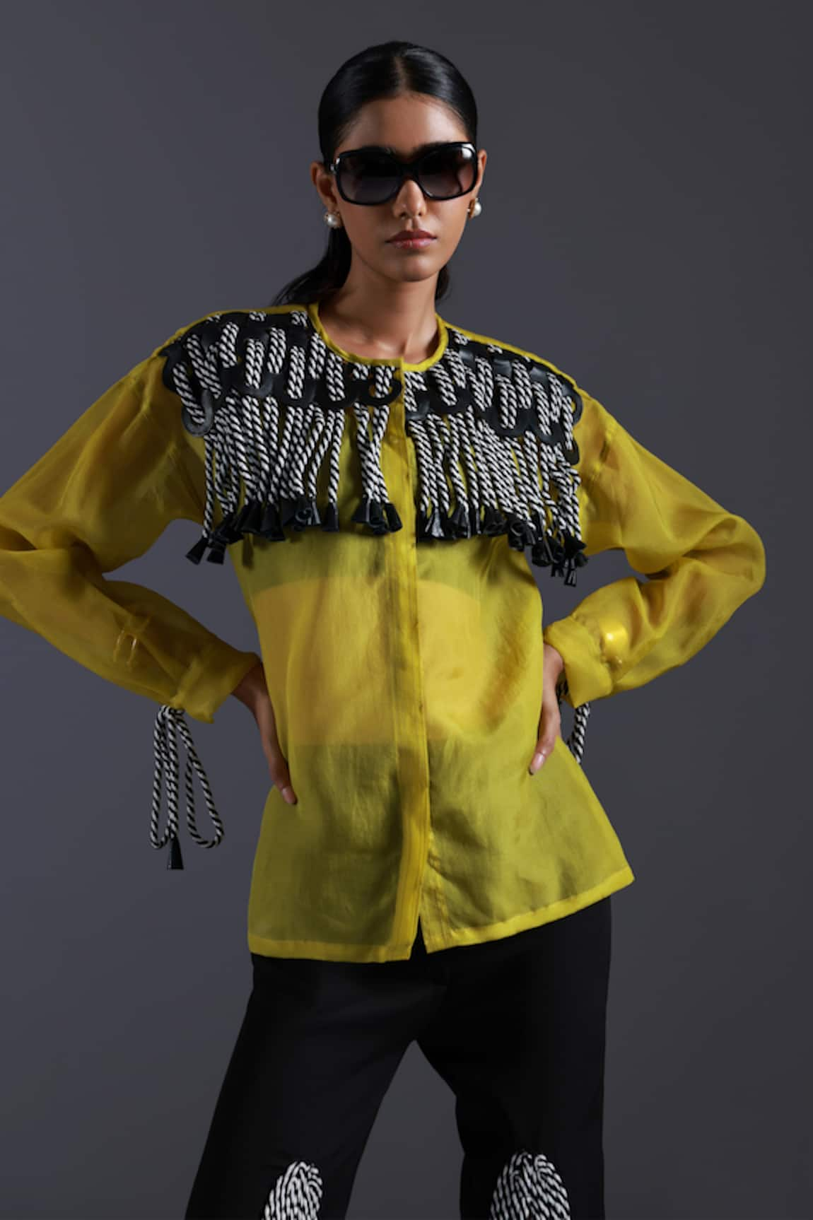 Devina Juneja Monochrome Dori Weave Tassel Embellished Shirt