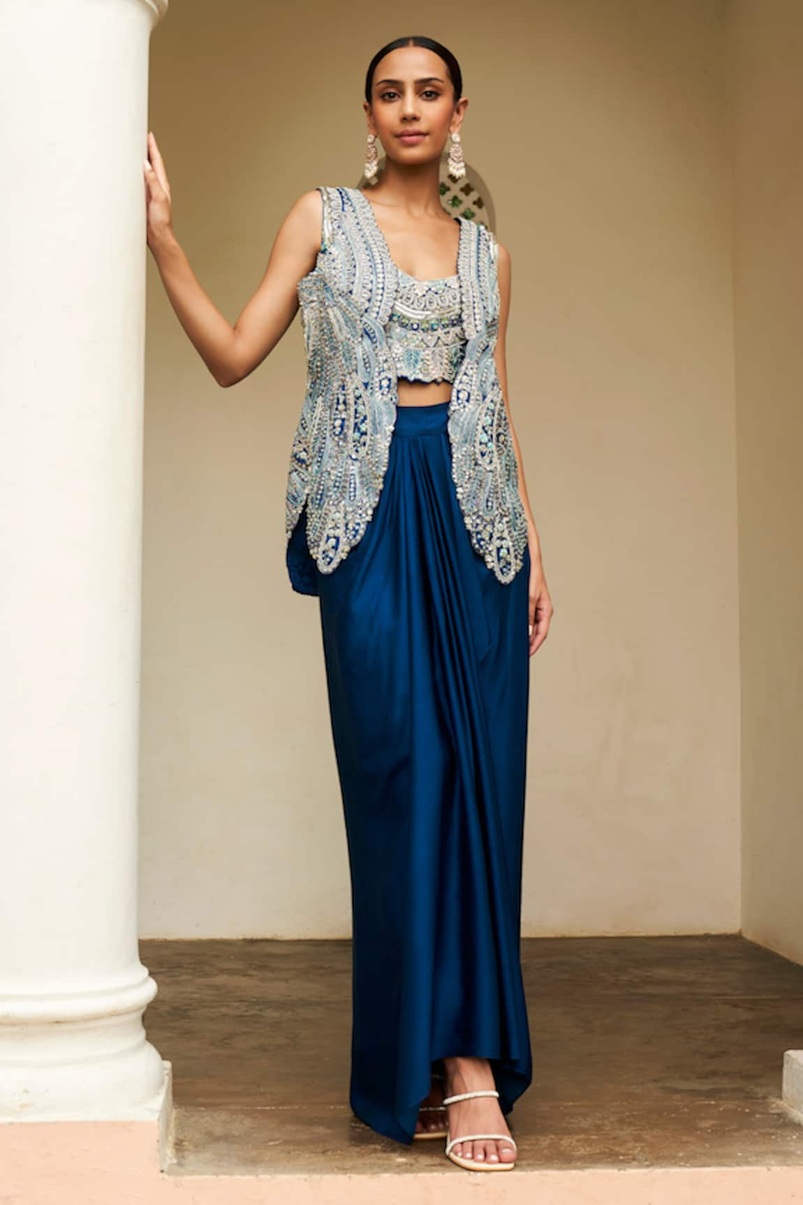 Osaa by Adarsh Zardozi Embroidered Short Jacket Draped Skirt Set