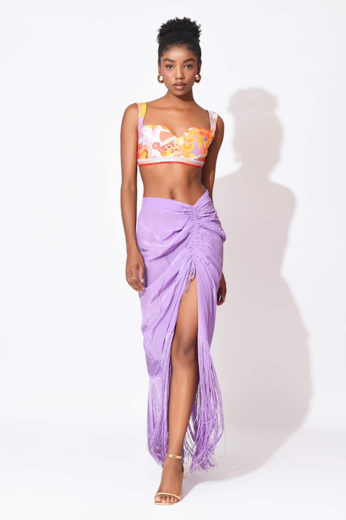 Rishi & Vibhuti Lavender Mist Print Top With Ruched Skirt