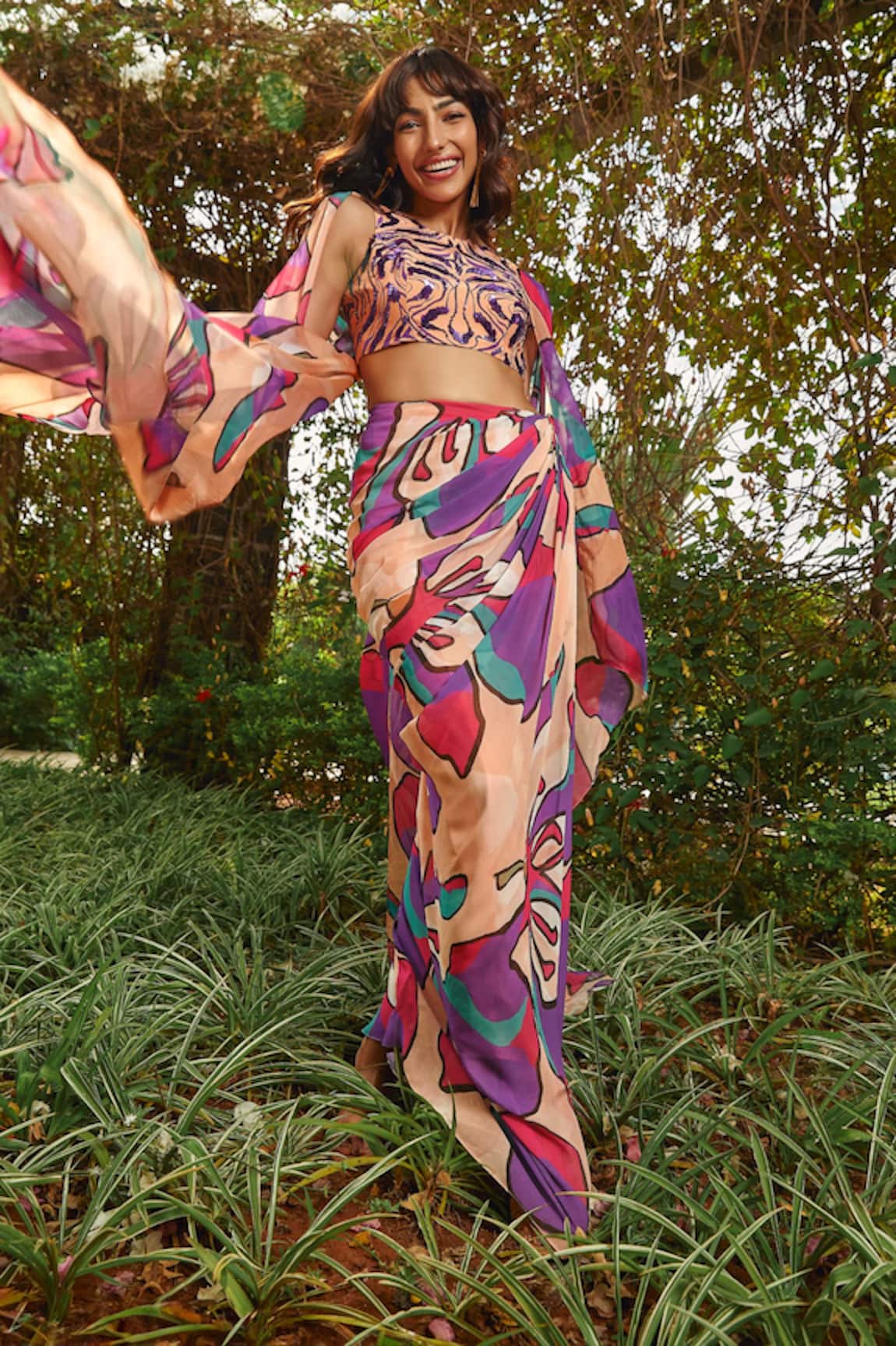 Babita Malkani Floral Print Asymmetric Draped Skirt