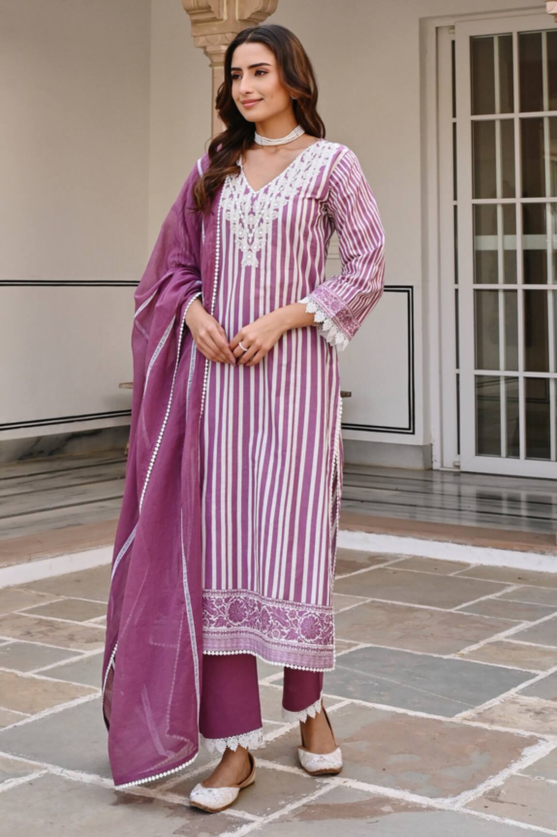 KARAJ JAIPUR Stripe Print Kurta Set