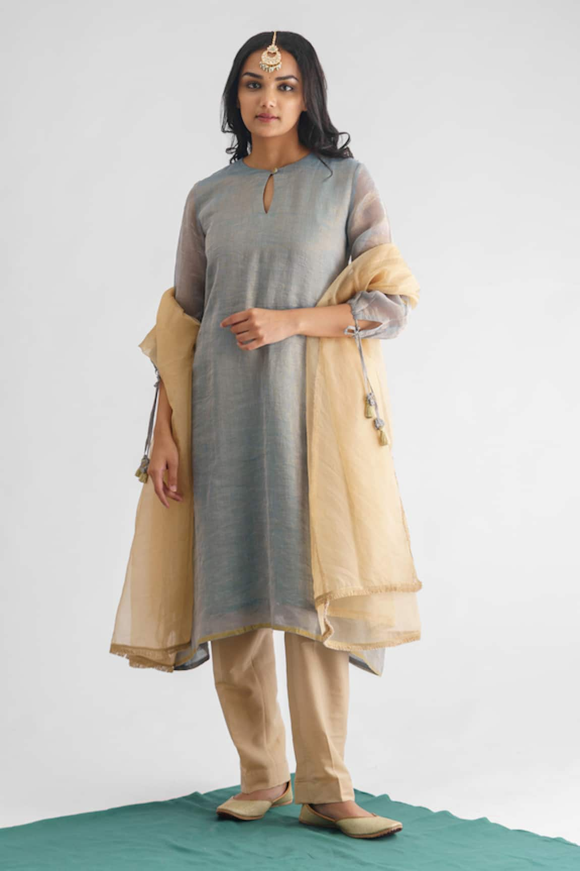 Mushio Aasmani Zari Stripe Woven A-Line Kurta & Pant Set